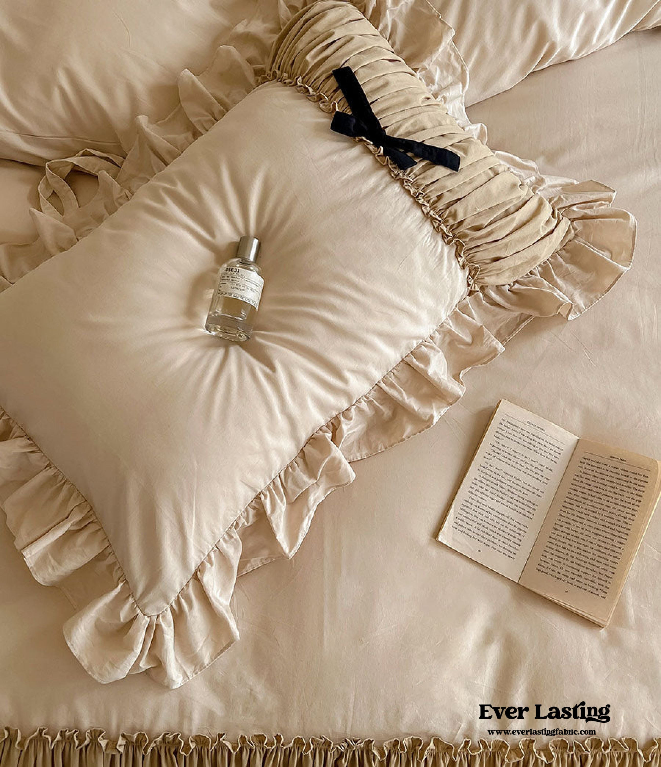 French Beige Ribbon Ruffle Bedding Set