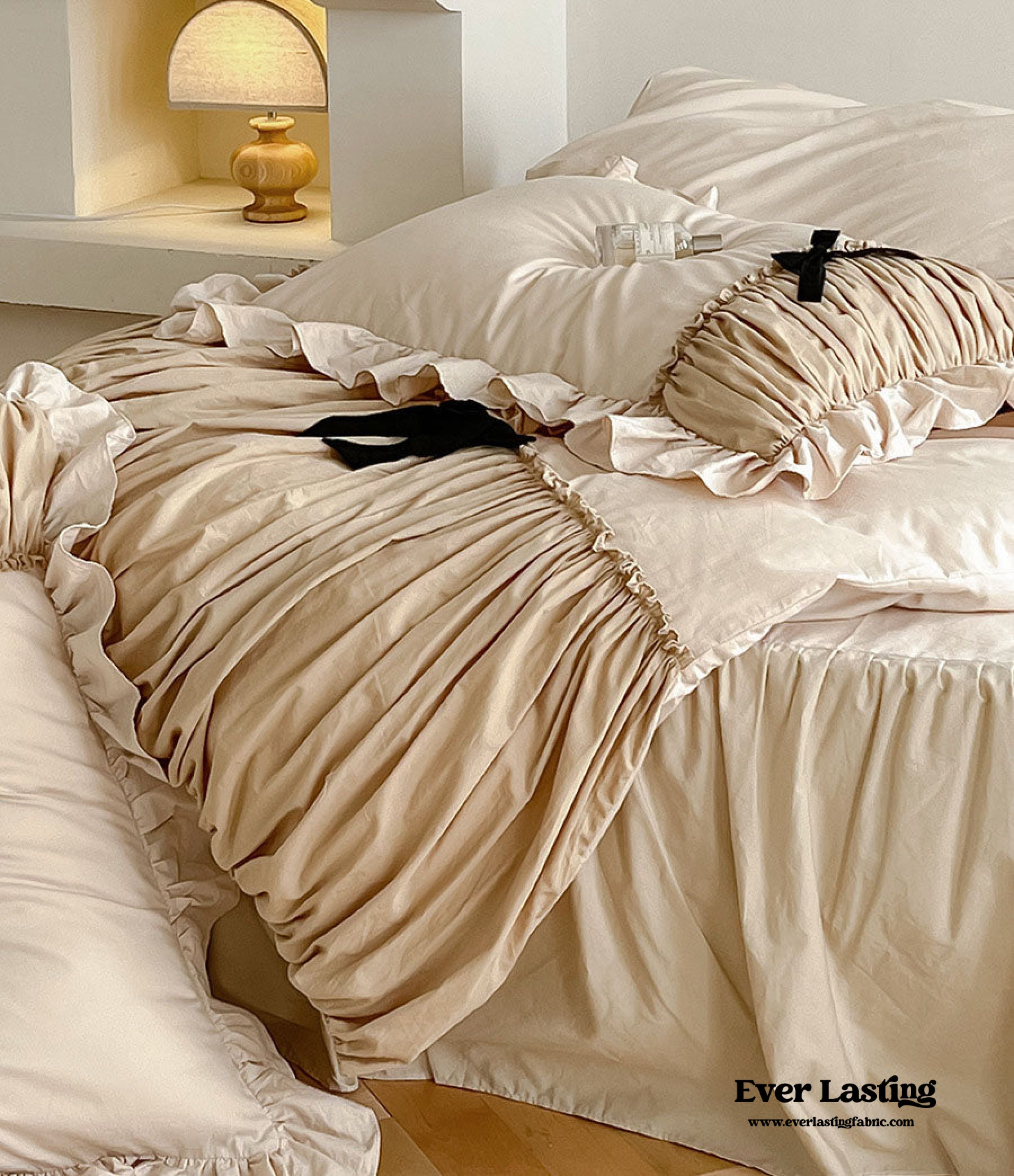 French Beige Ribbon Ruffle Bedding Set