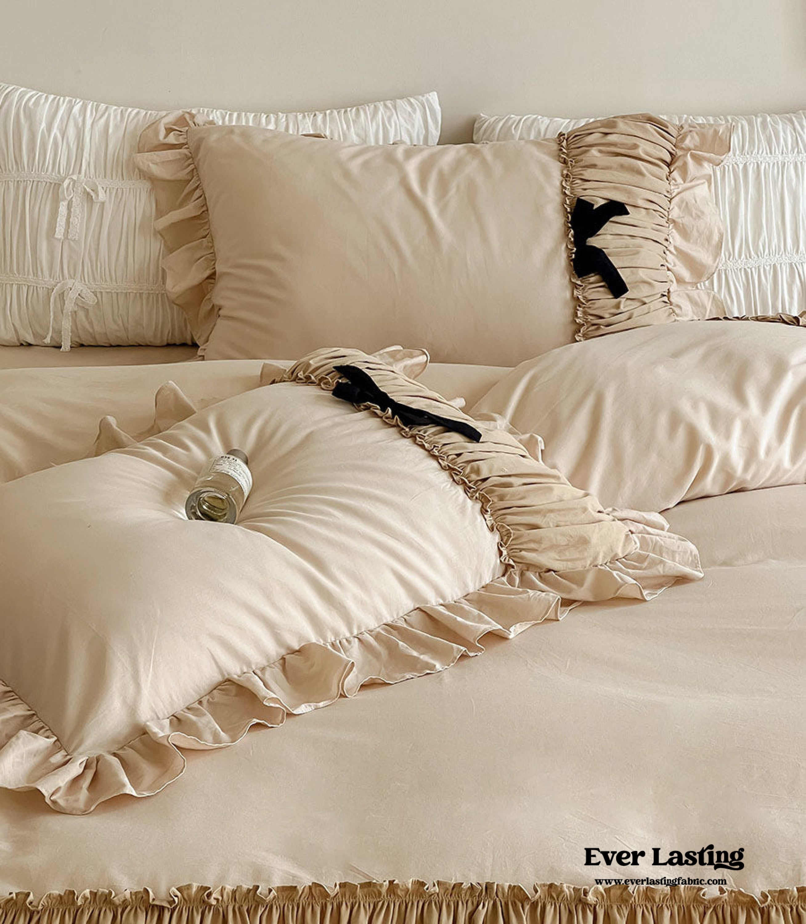 French Beige Ribbon Ruffle Bedding Set