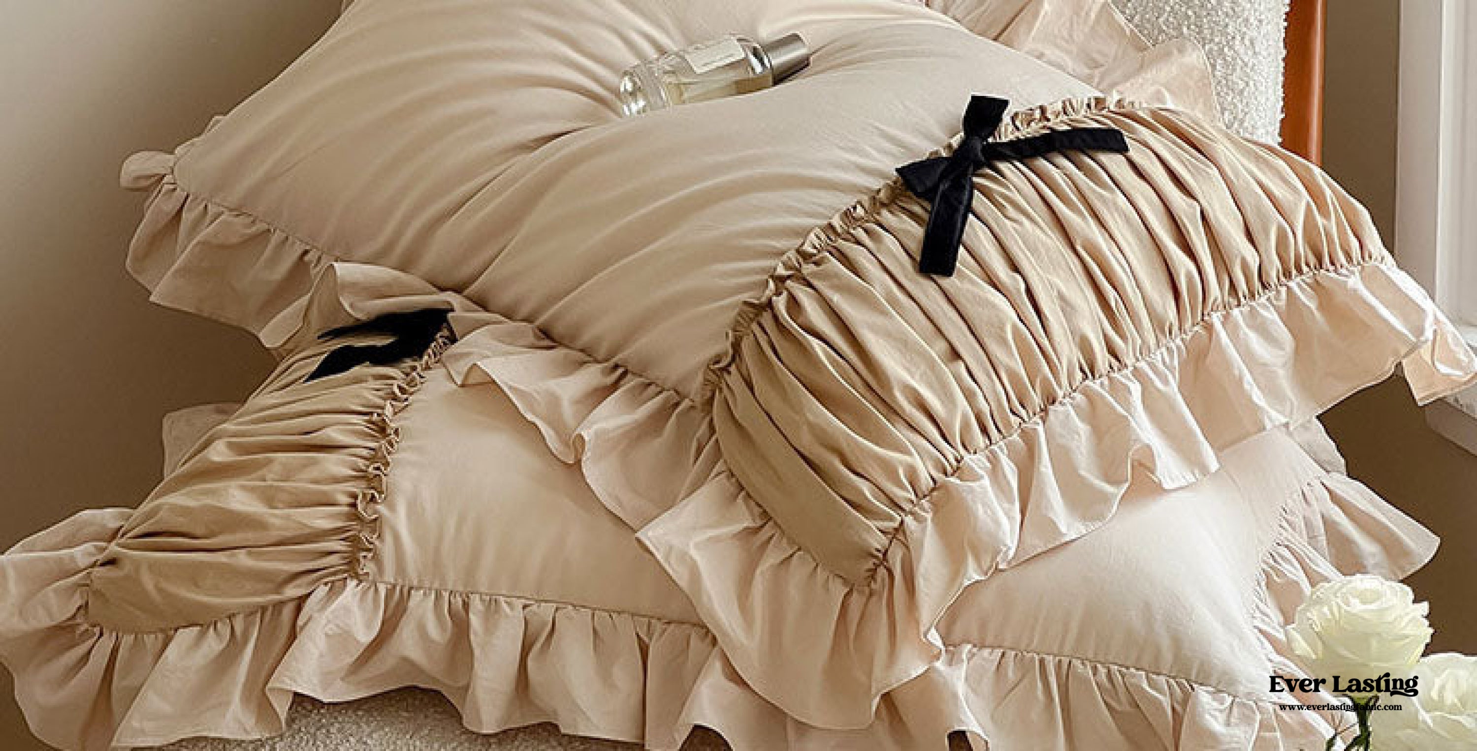 French Beige Ribbon Ruffle Bedding Set