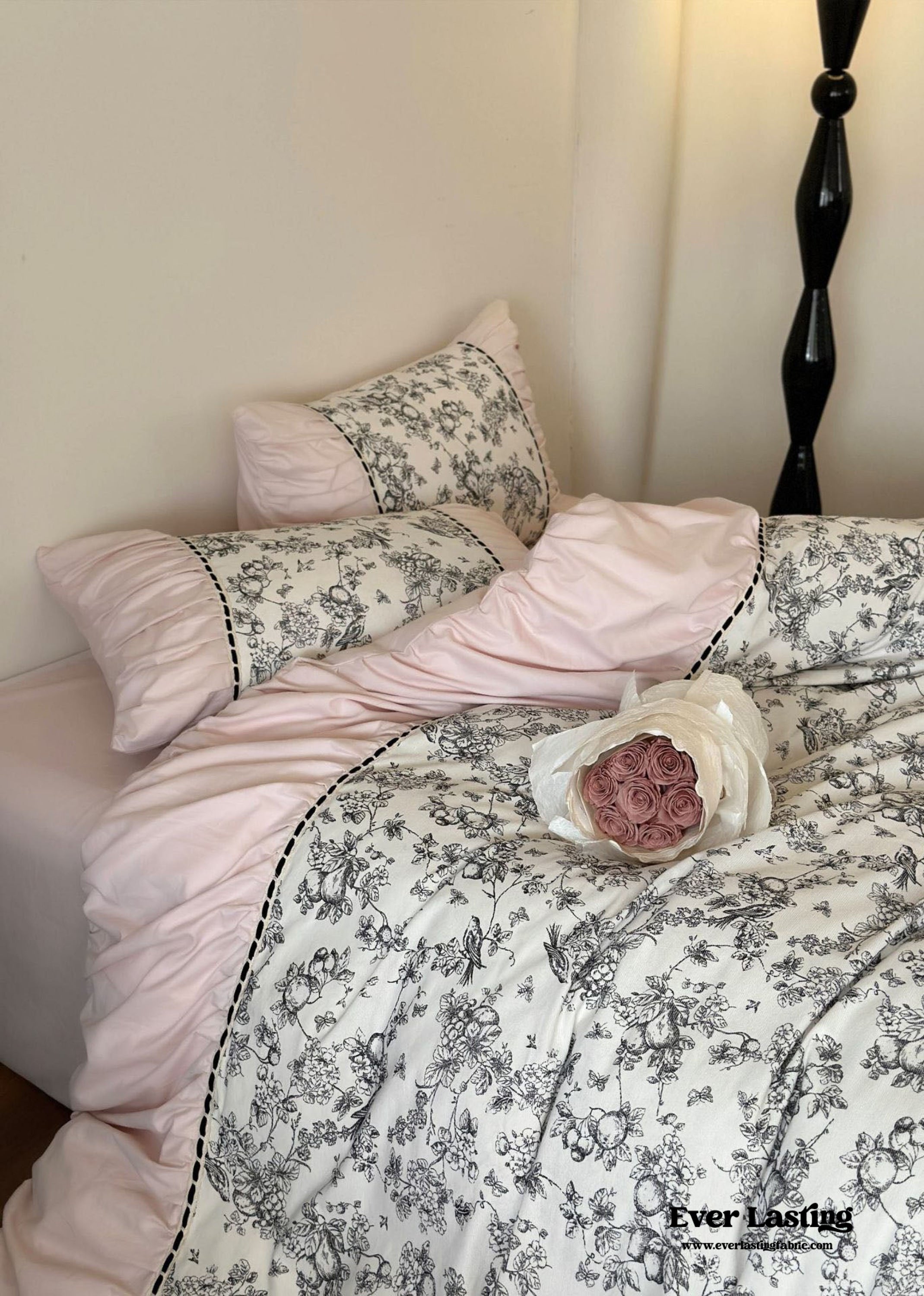 French Black Lace Bedding Set - Cream