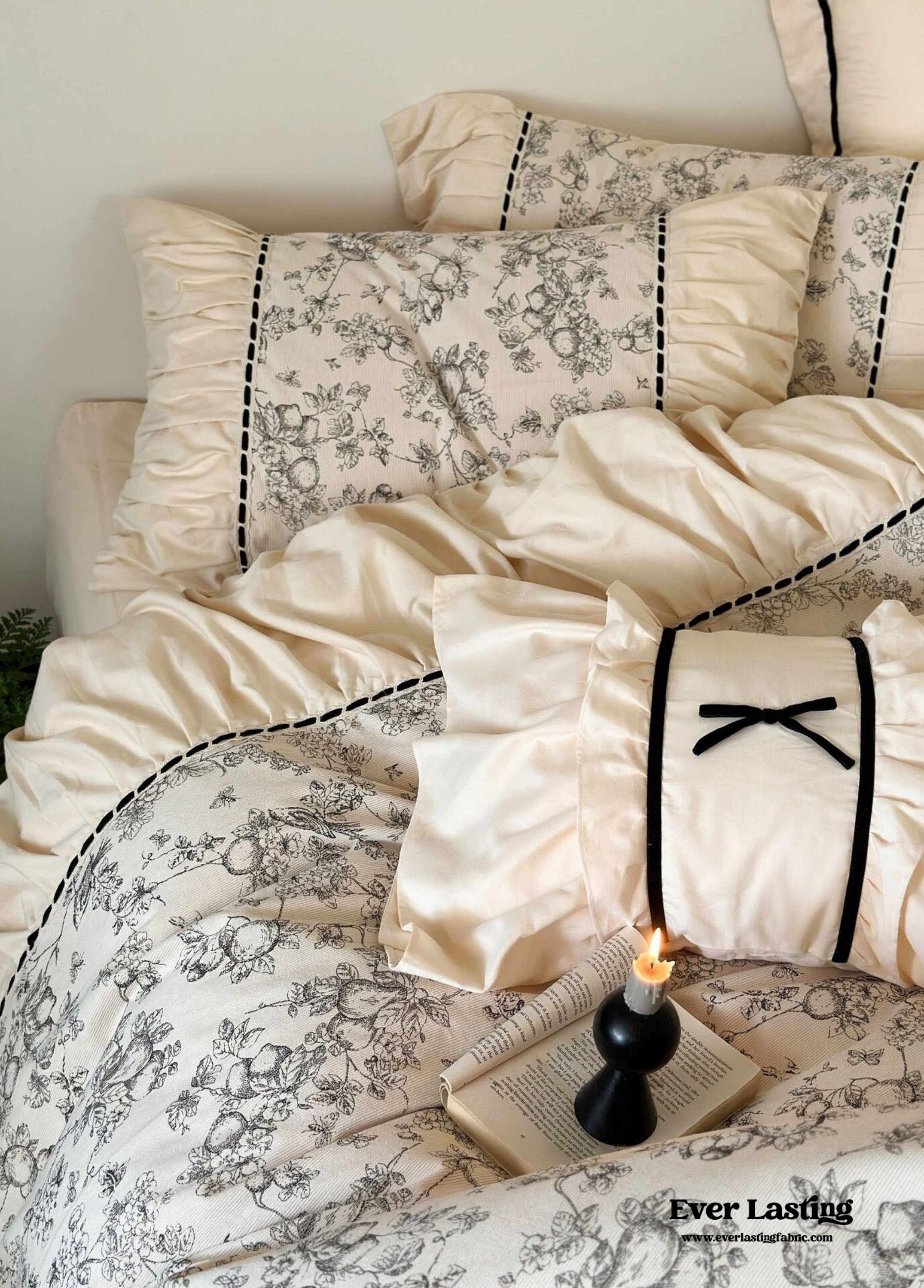 French Black Lace Bedding Set - Matcha Green