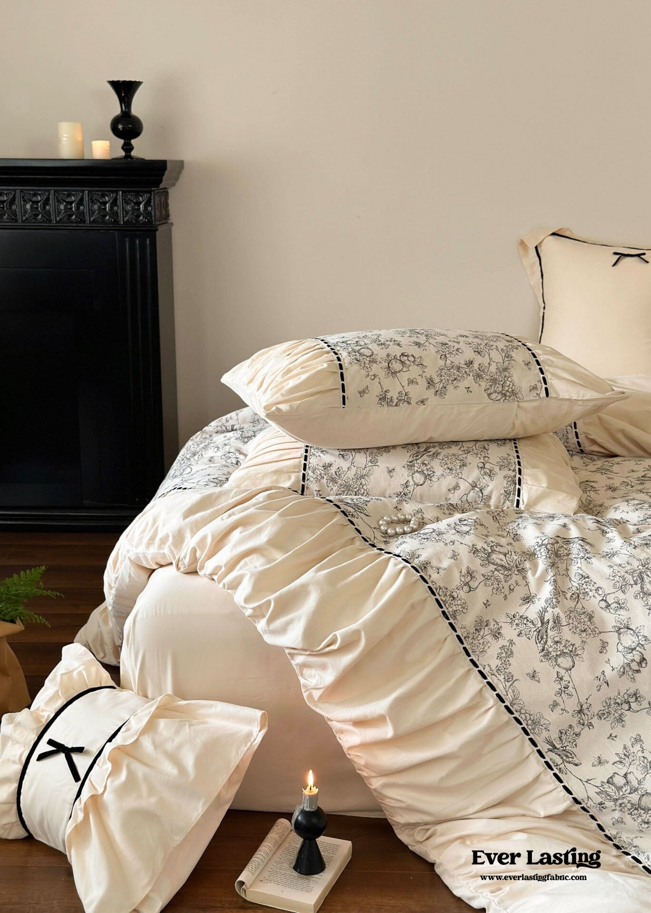French Black Lace Bedding Set - Matcha Green