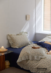 French Floral Earth Tone Double Layer Ruffle Bedding Set - Beige + Blue