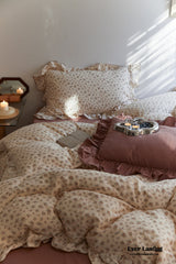 French Floral Earth Tone Double Layer Ruffle Bedding Set - Beige + Brown