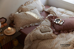 French Floral Earth Tone Double Layer Ruffle Bedding Set - Beige + Brown