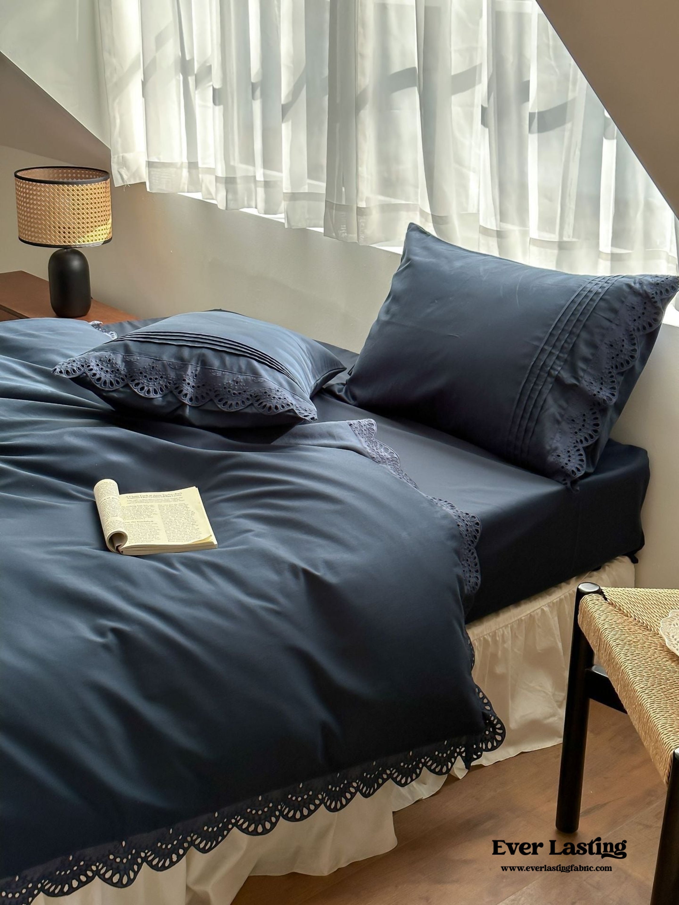 French Lace Floral Ruffle Bedding Set - Royal Blue