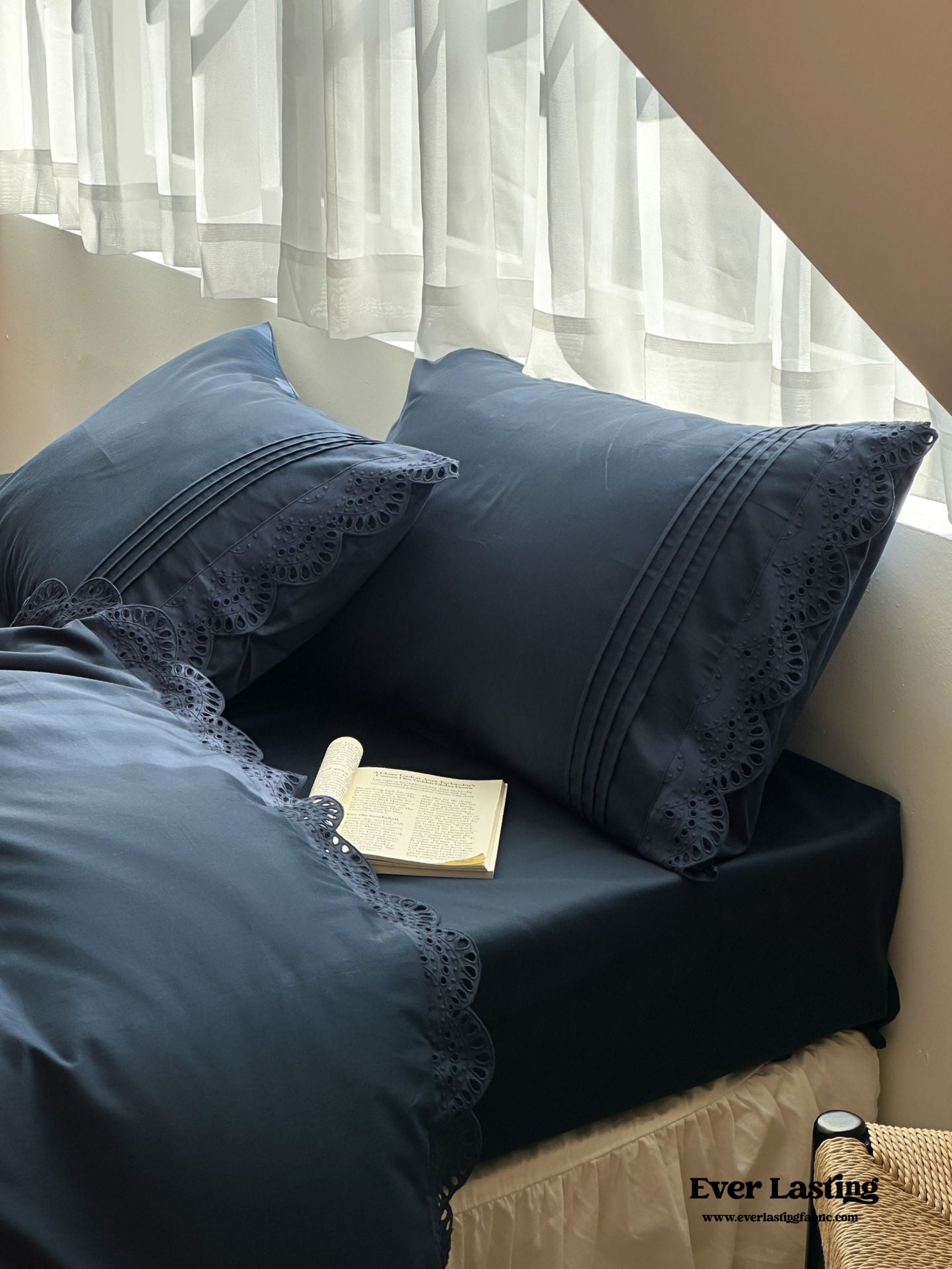 French Lace Floral Ruffle Bedding Set - Royal Blue