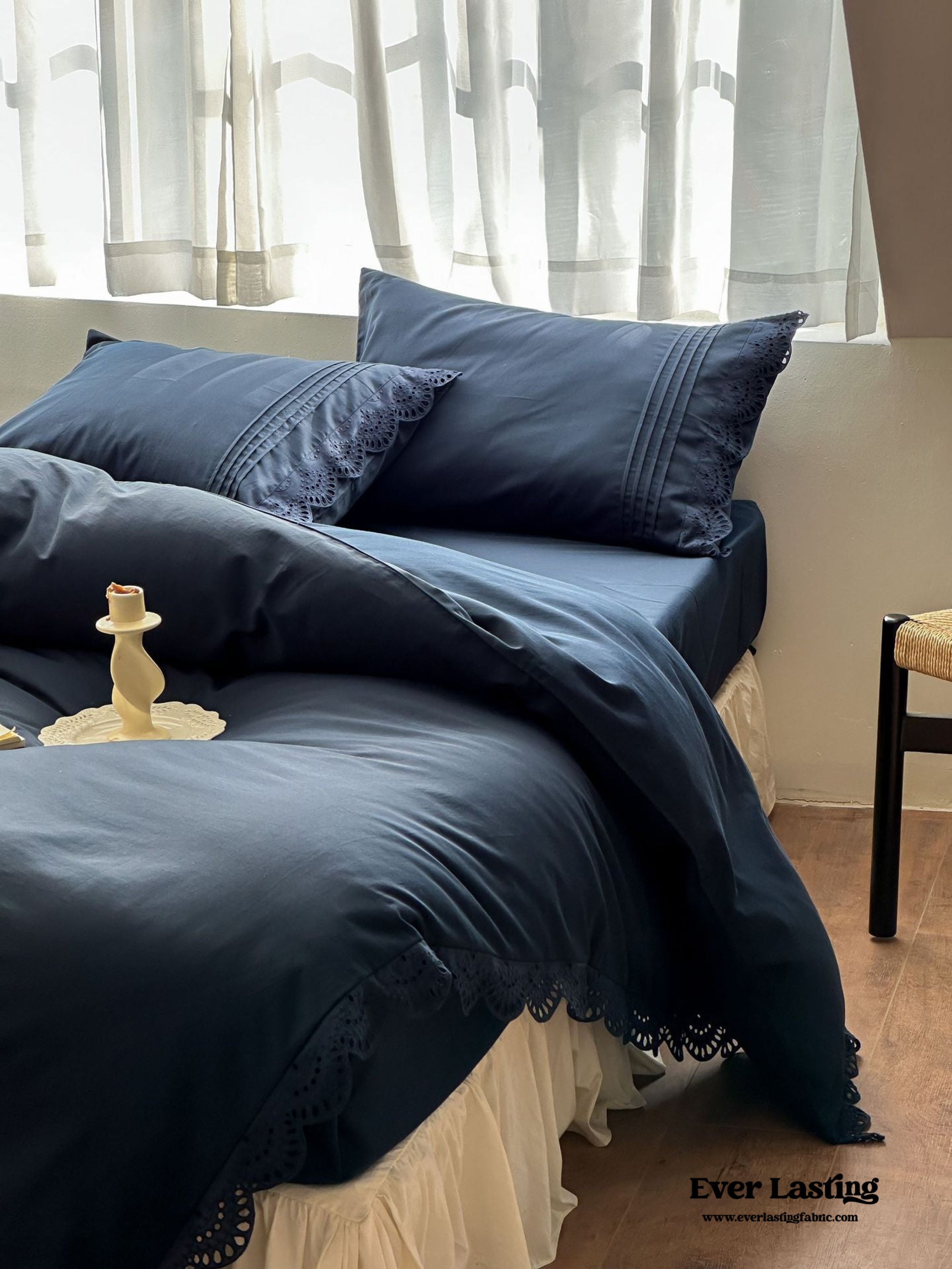 French Lace Floral Ruffle Bedding Set - Royal Blue