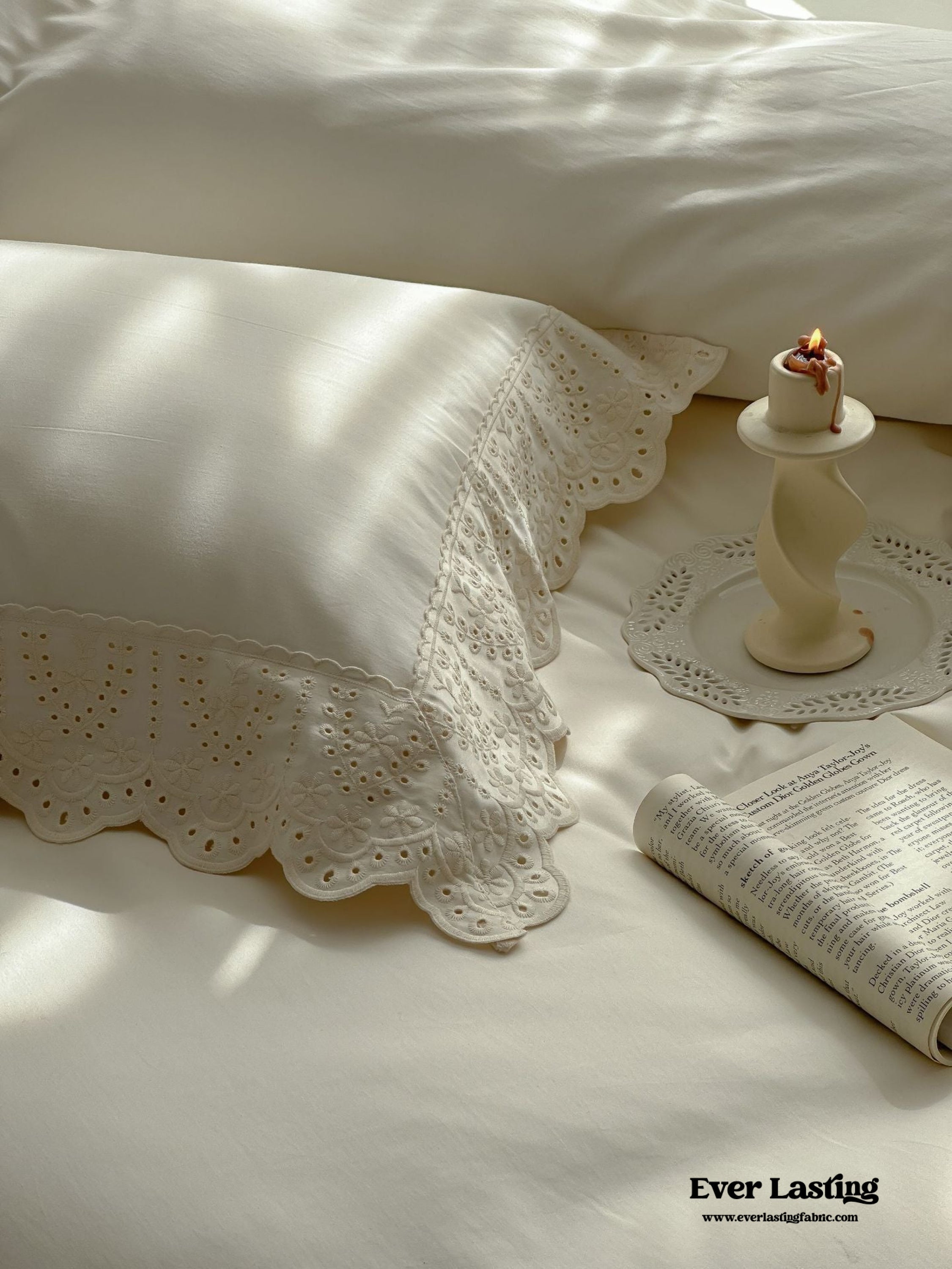 French Lace Floral Ruffle Bedding Set - White