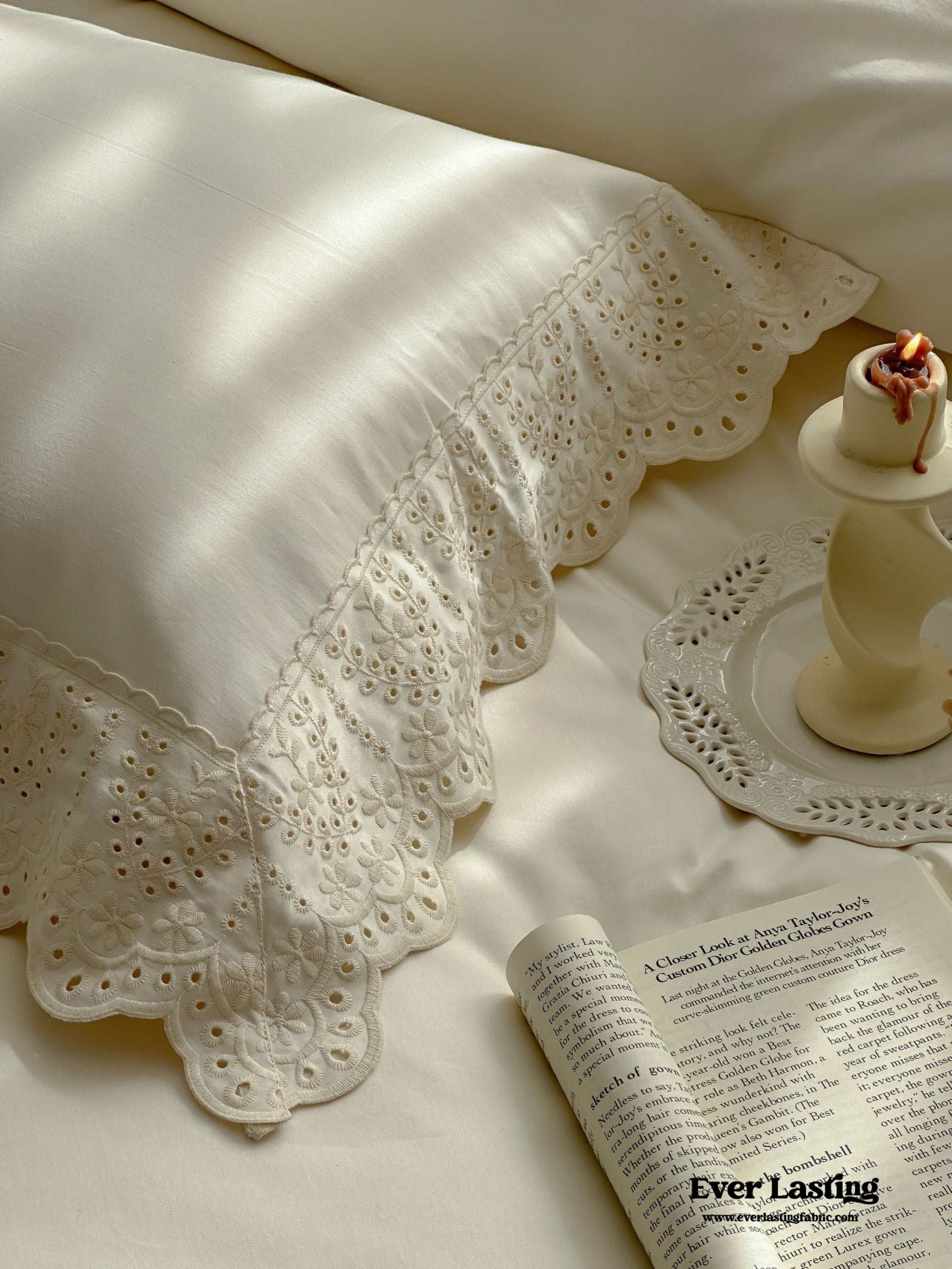 French Lace Floral Ruffle Bedding Set - White
