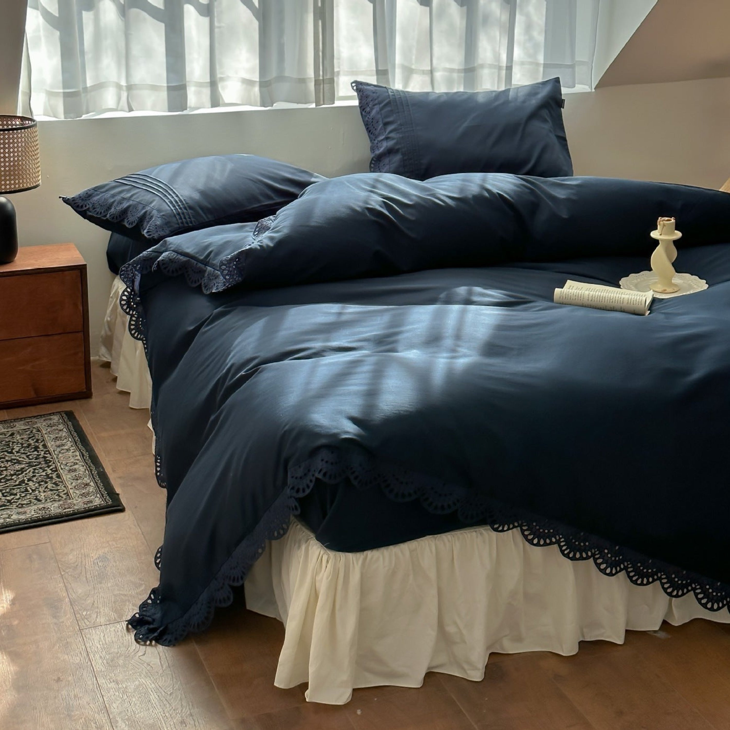French Lace Floral Ruffle Bedding Set - White