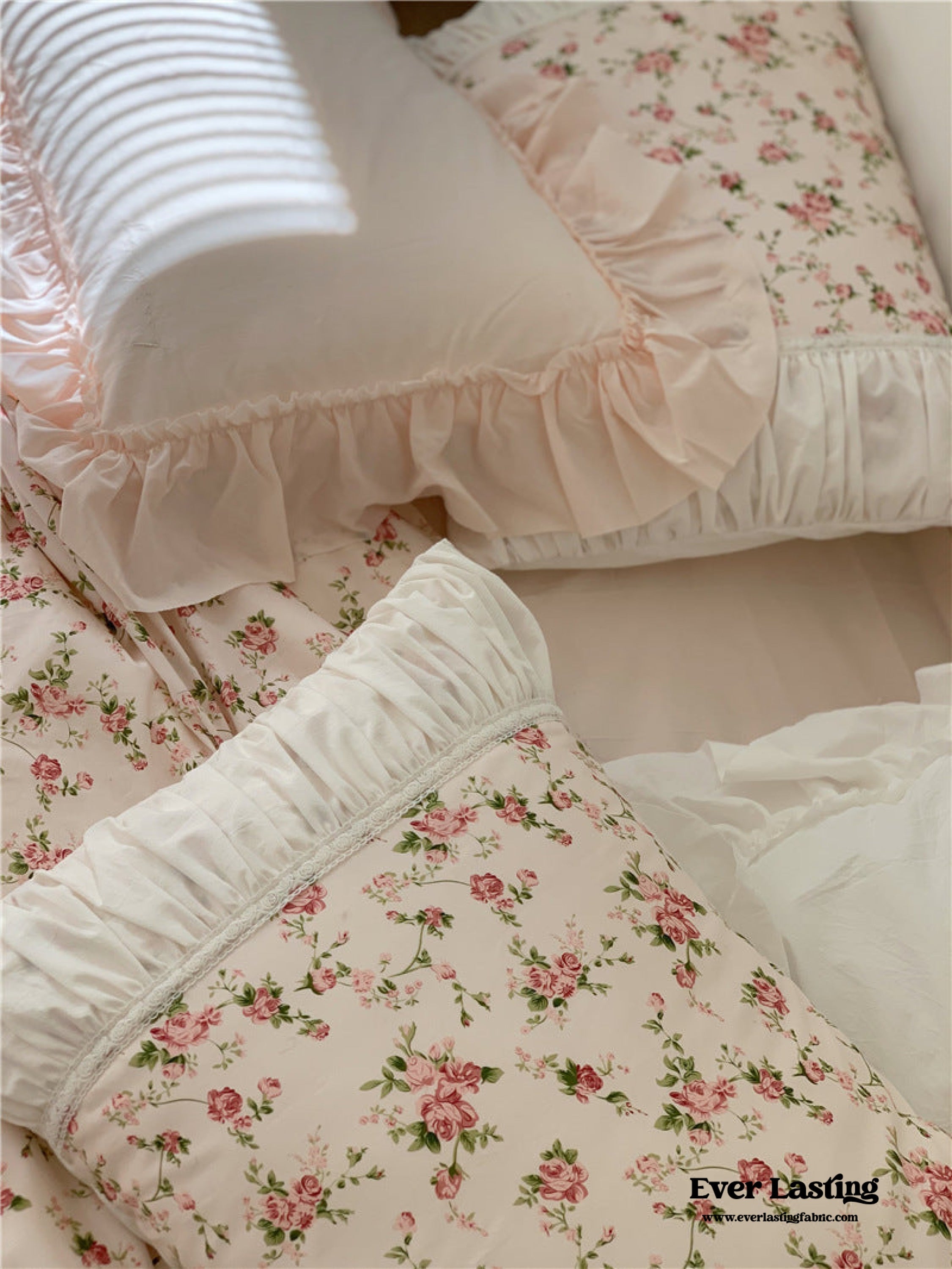 French Rose Floral Ruffle Bedding Set - White