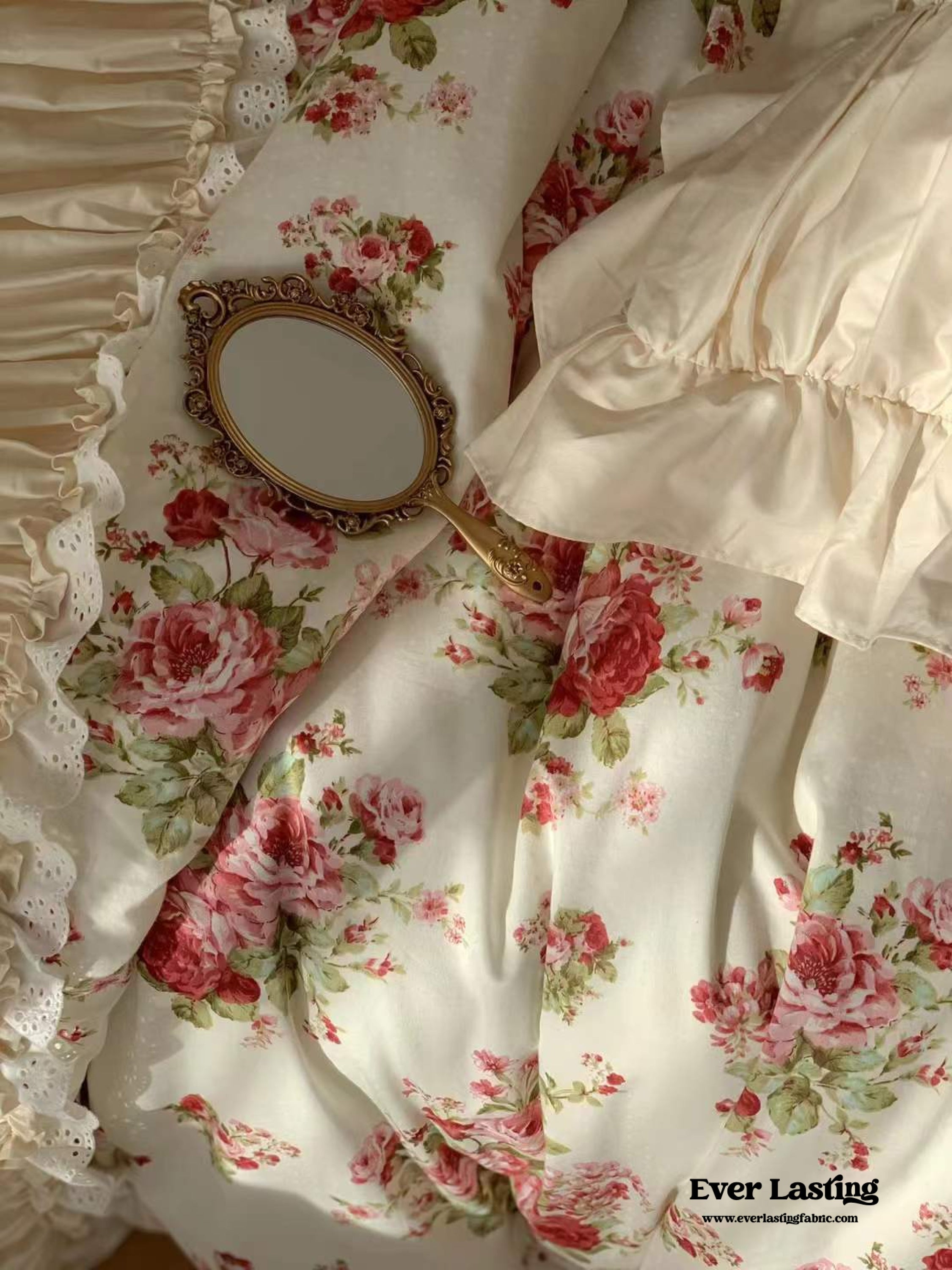 French Rose Floral Ruffle Bedding Set - White