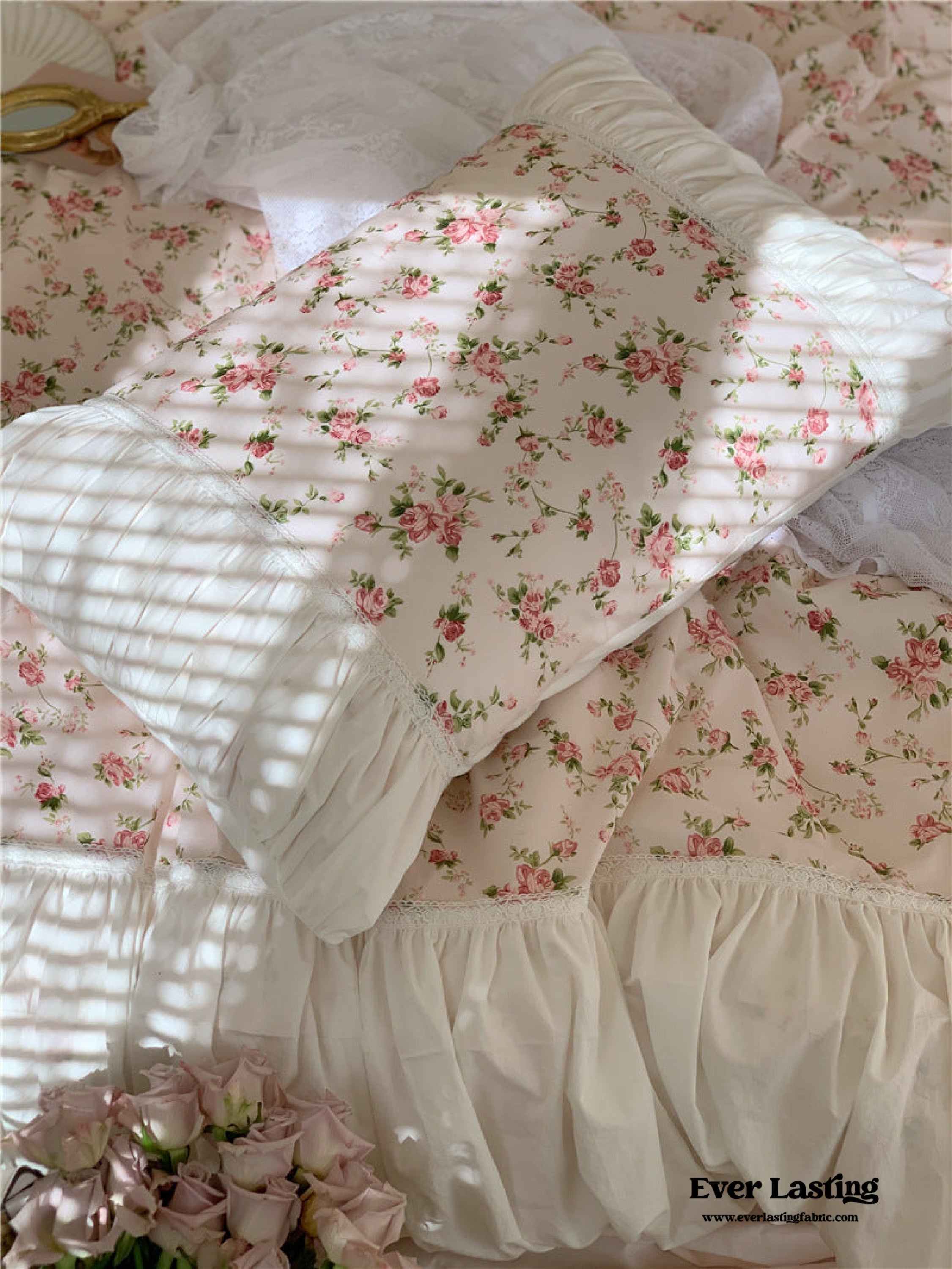 French Rose Floral Ruffle Bedding Set - White