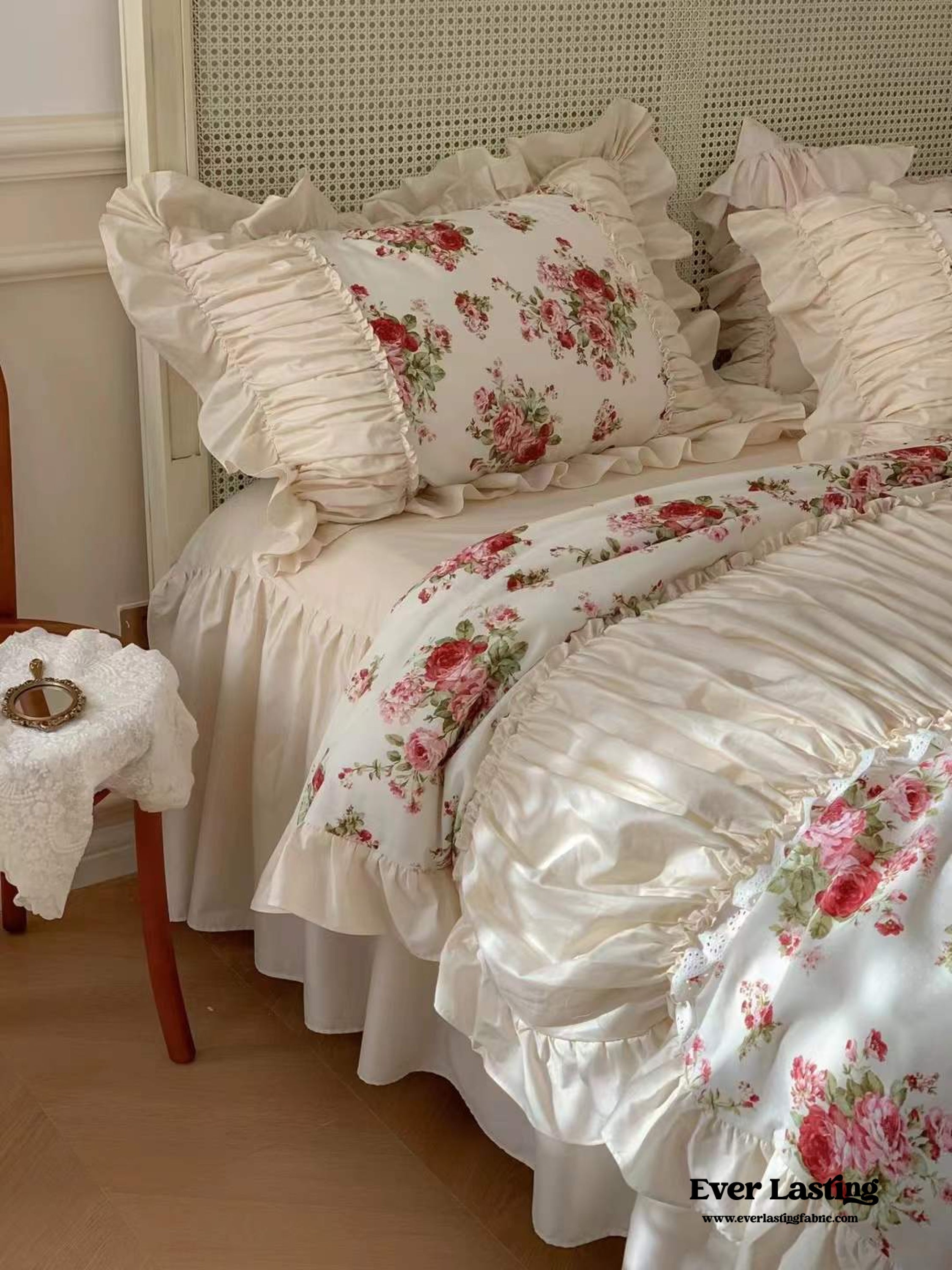 French Rose Floral Ruffle Bedding Set - White