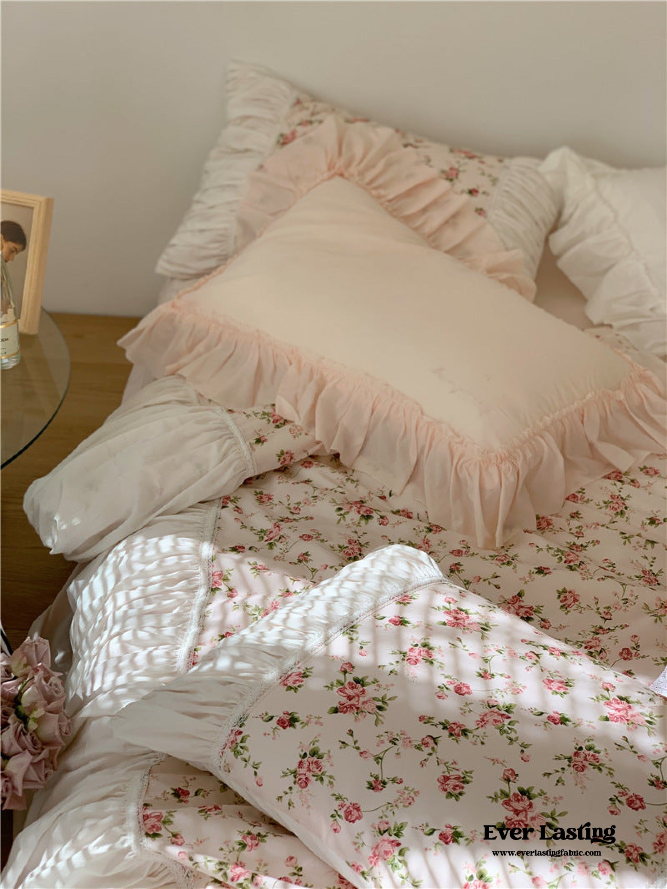 French Rose Floral Ruffle Bedding Set - White