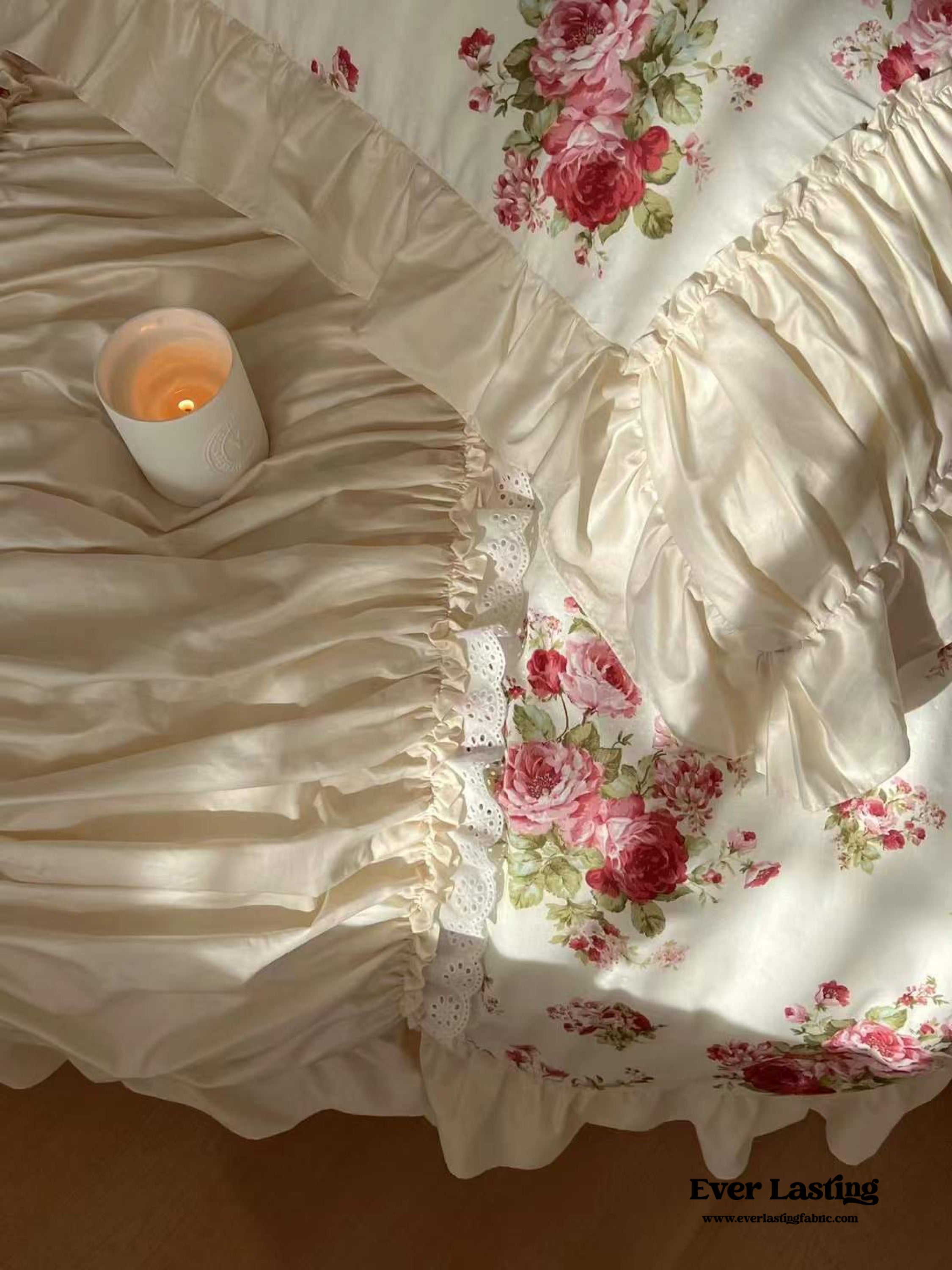 French Rose Floral Ruffle Bedding Set - White