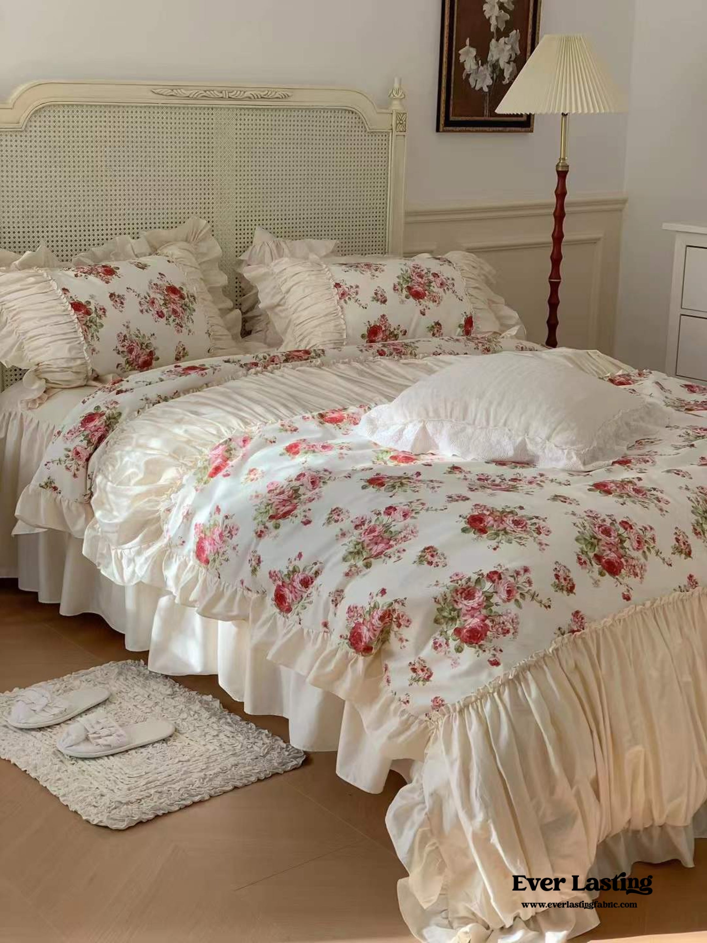 French Rose Floral Ruffle Bedding Set - White