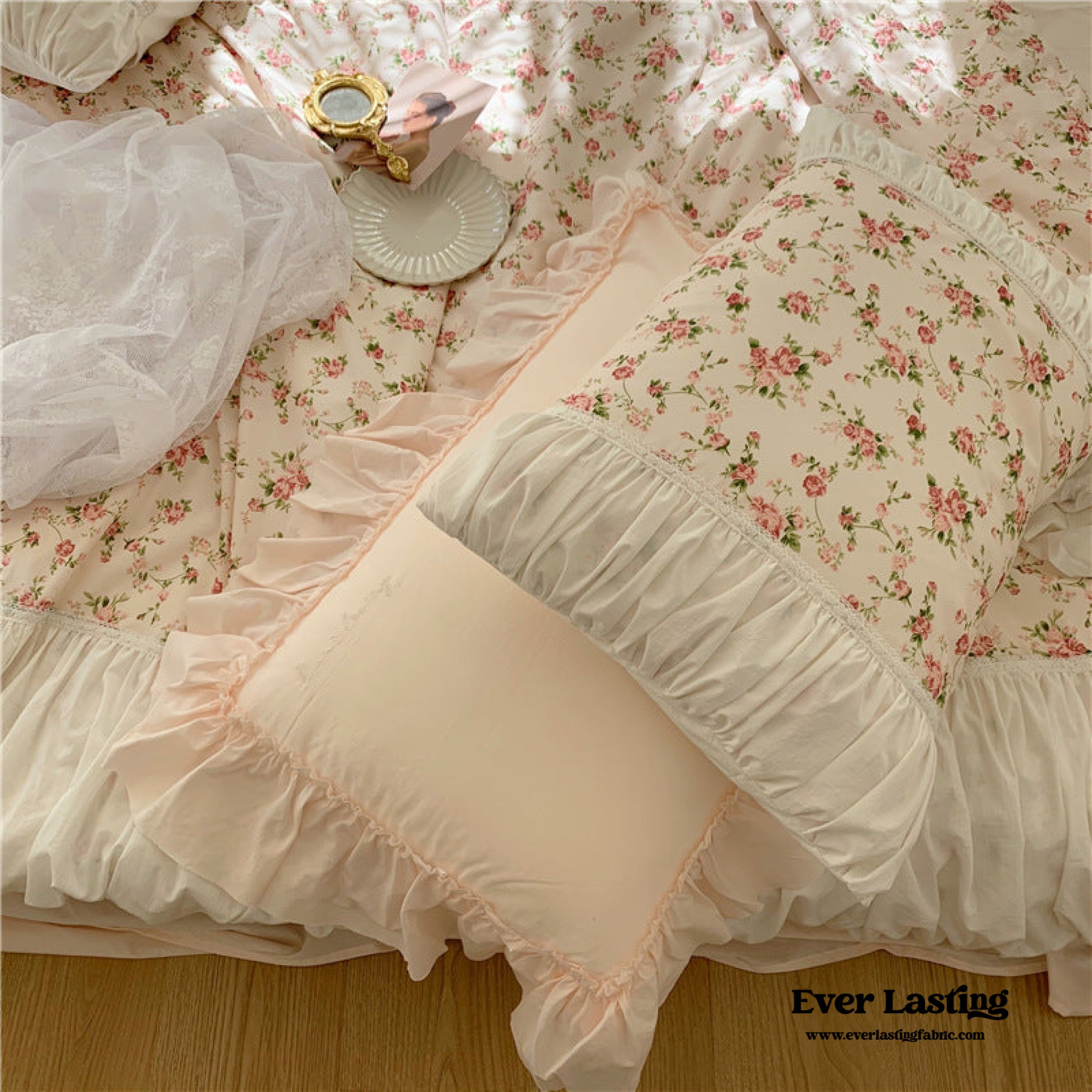 French Rose Floral Ruffle Bedding Set - White