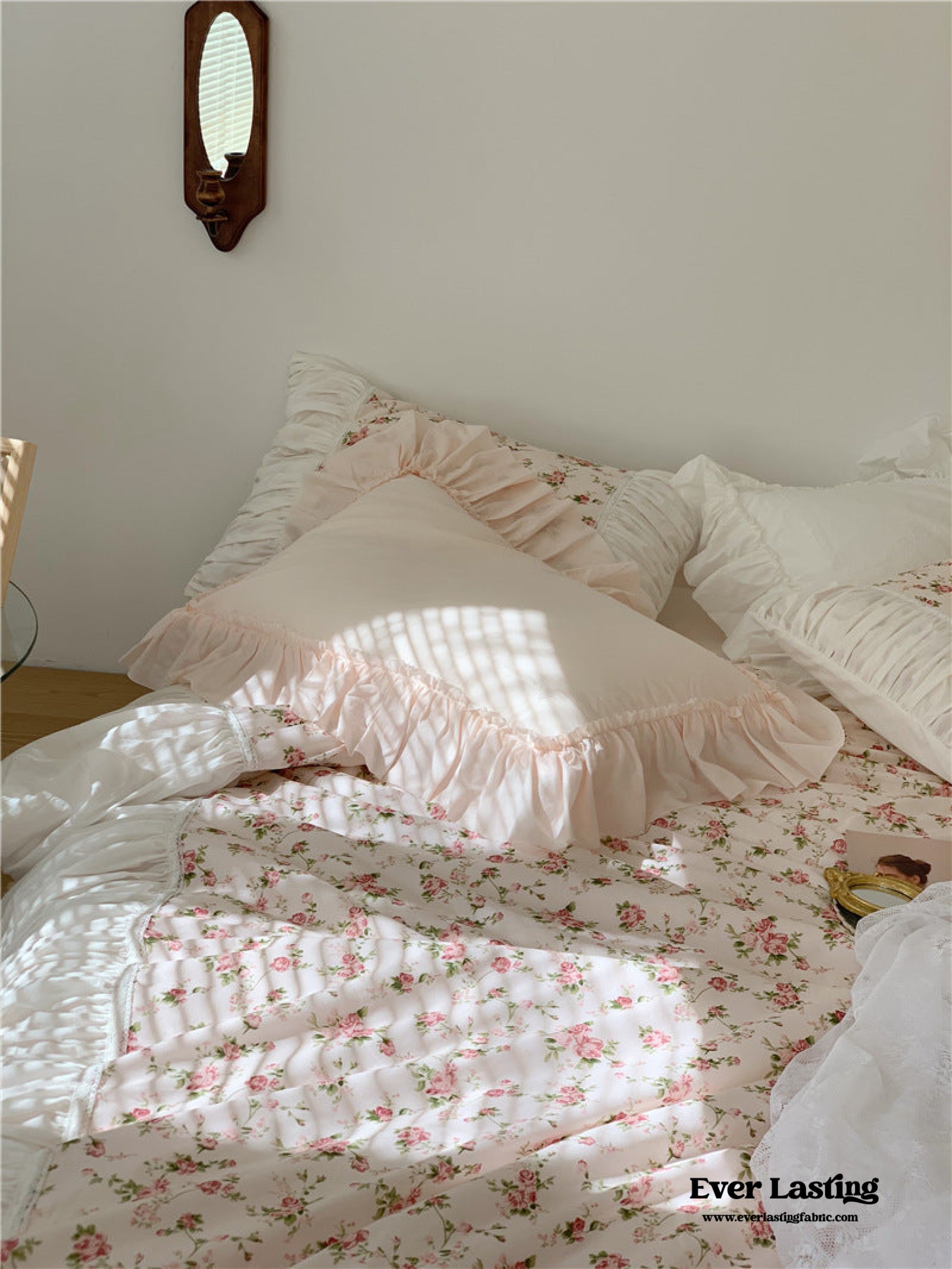 French Rose Floral Ruffle Bedding Set - White
