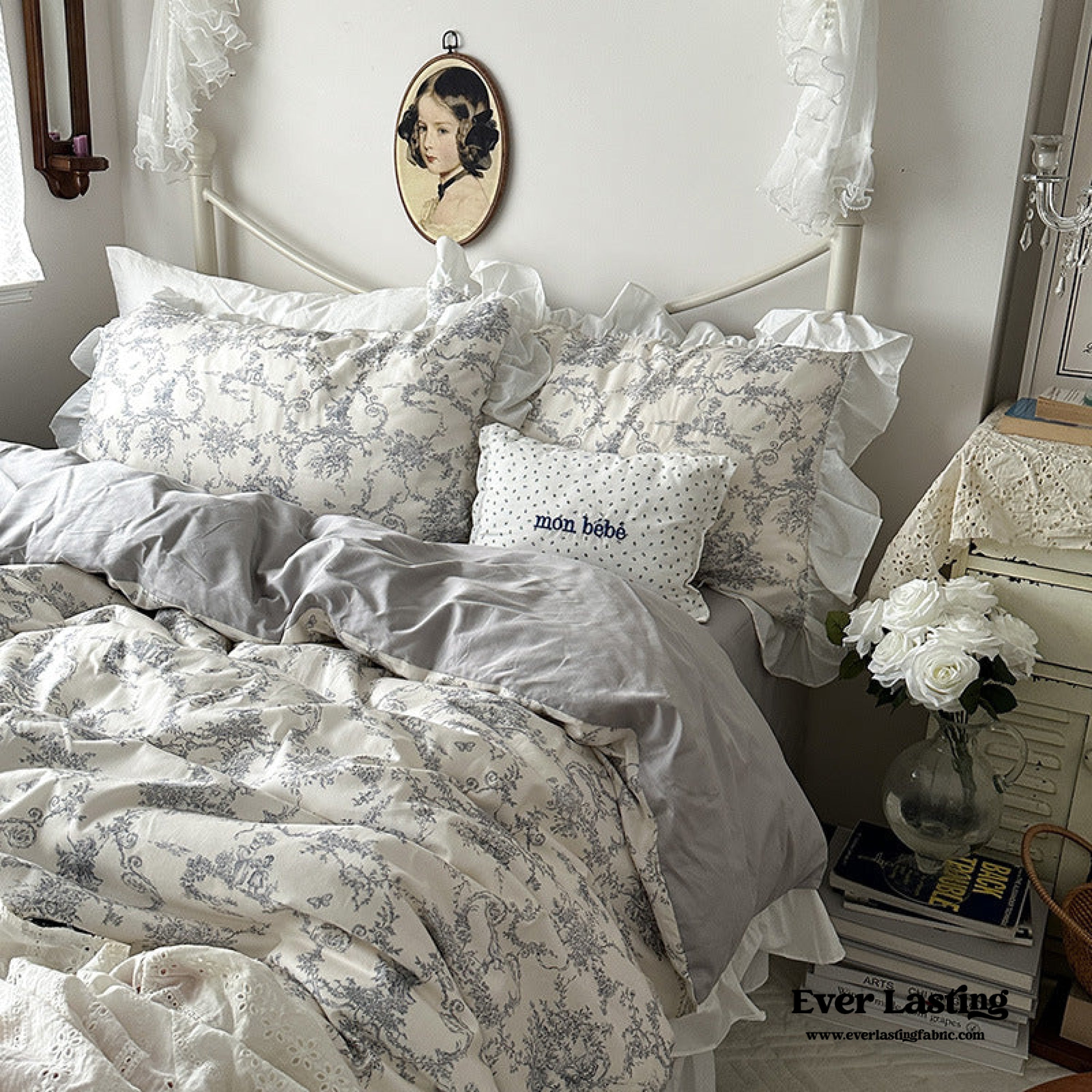 French Ruffle Floral Bedding Set - Blue