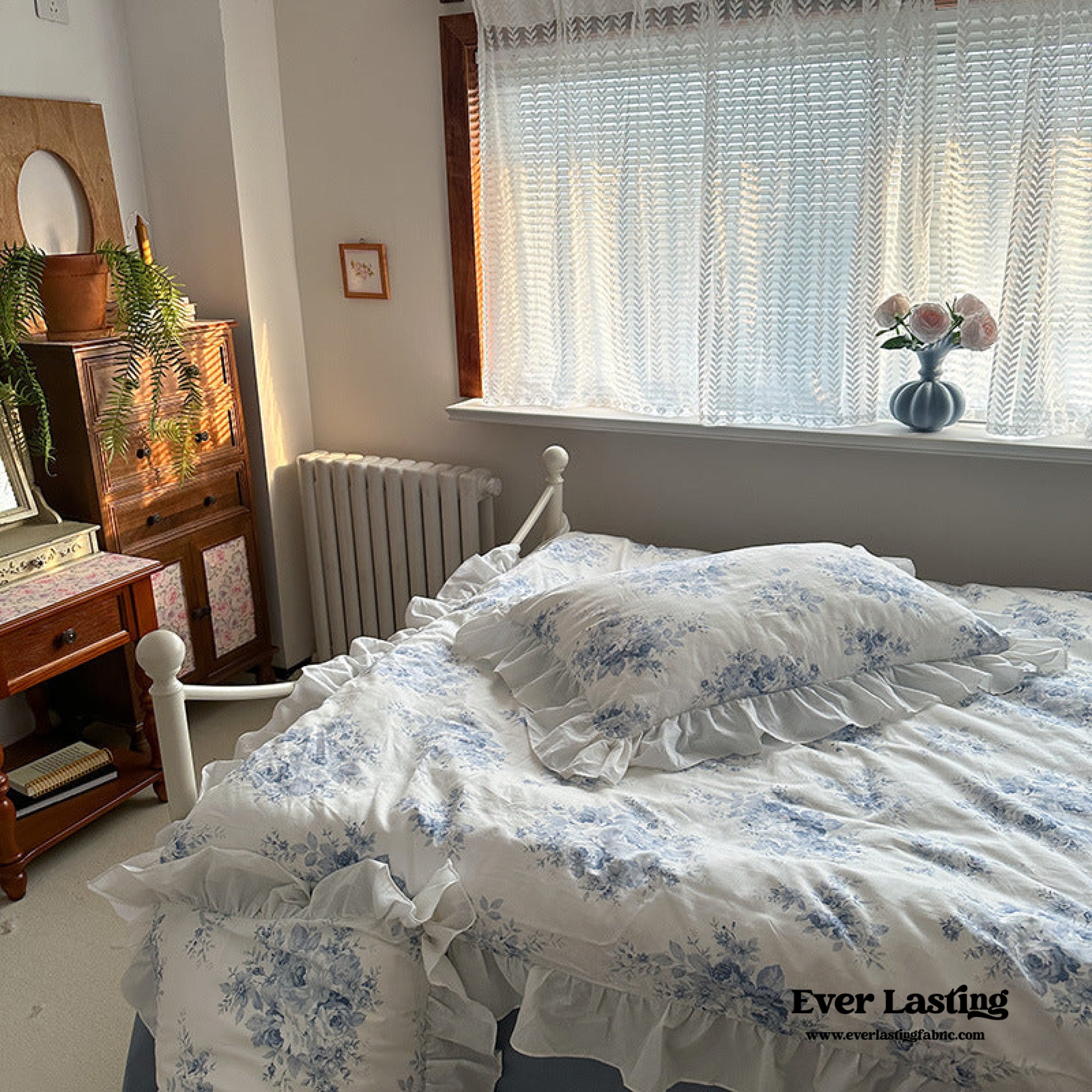 French Ruffle Floral Bedding Set - Blue