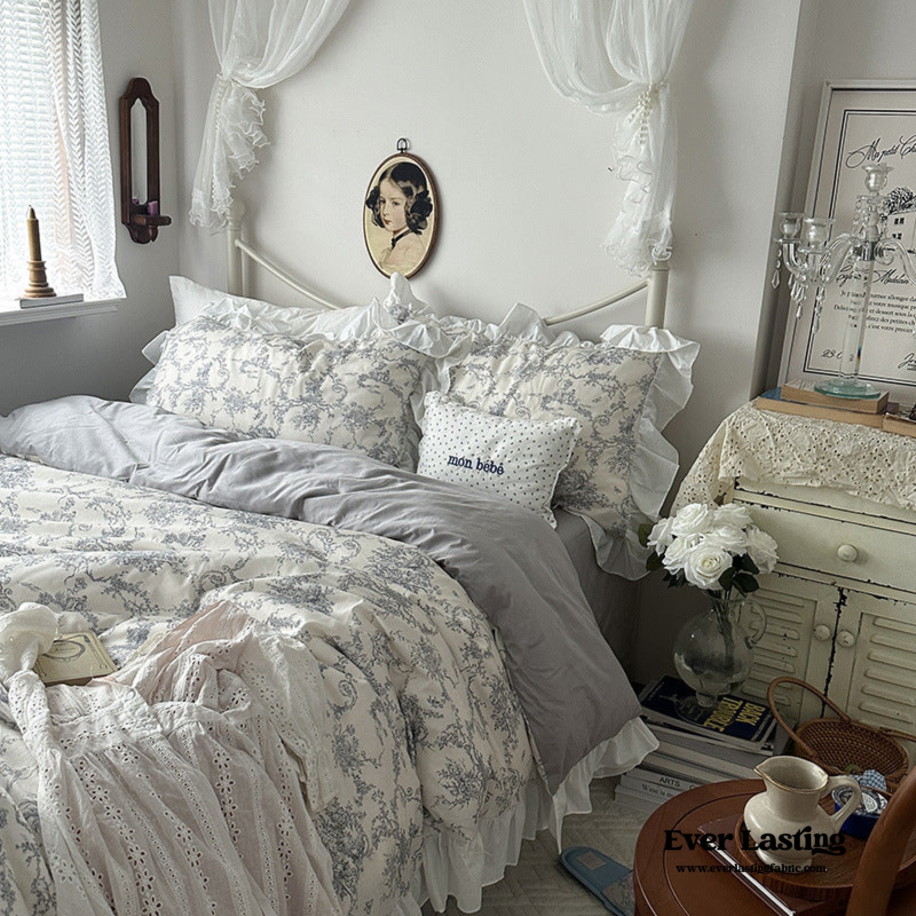 French Ruffle Floral Bedding Set - Blue