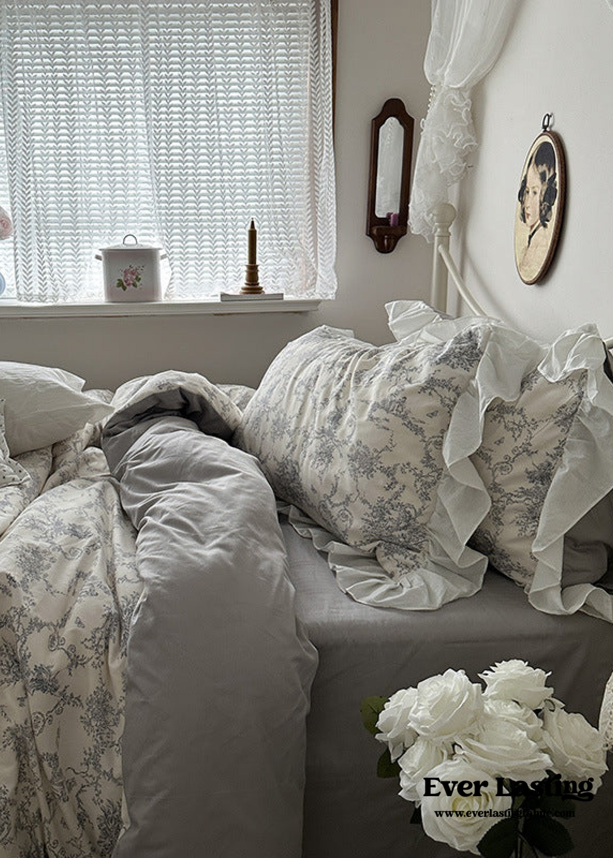 French Ruffle Floral Bedding Set - Gray