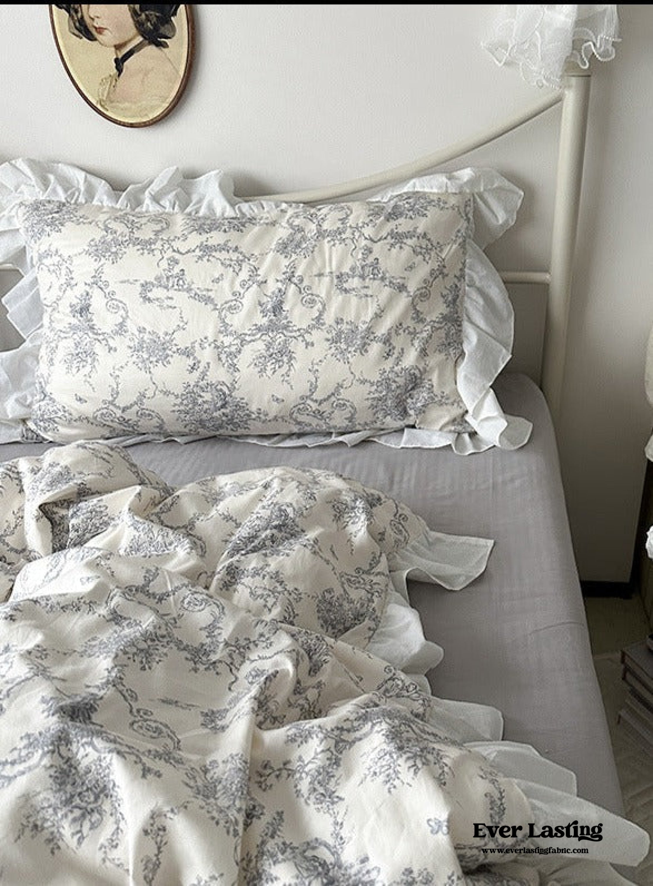 French Ruffle Floral Bedding Set - Gray