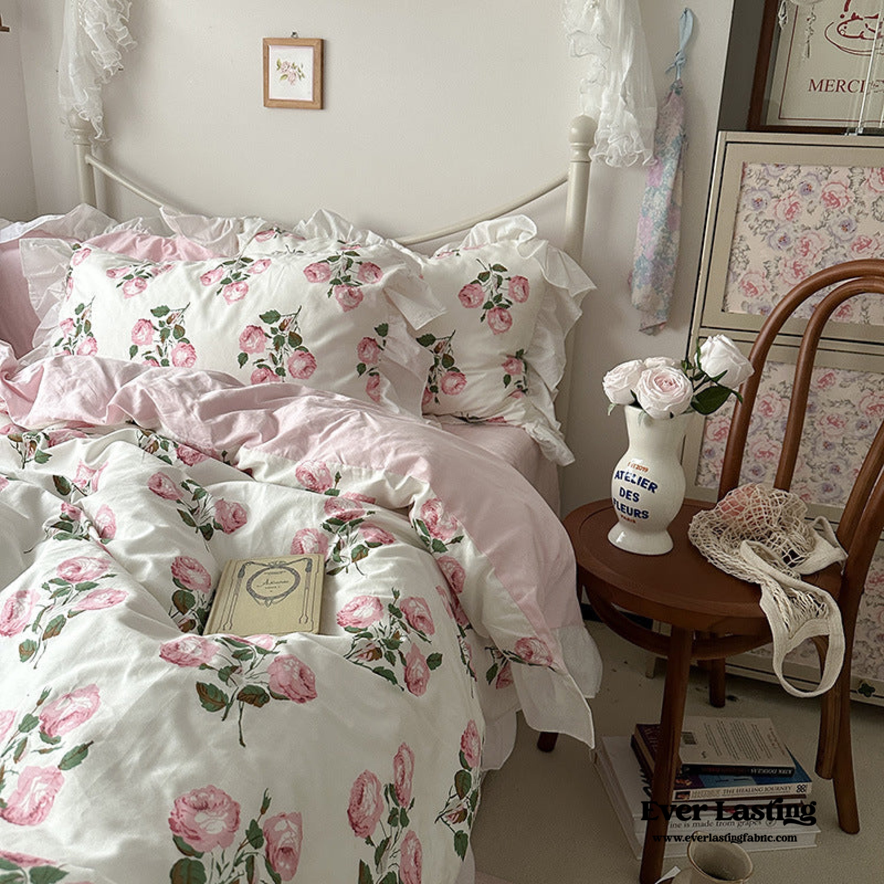 French Ruffle Floral Bedding Set - Green