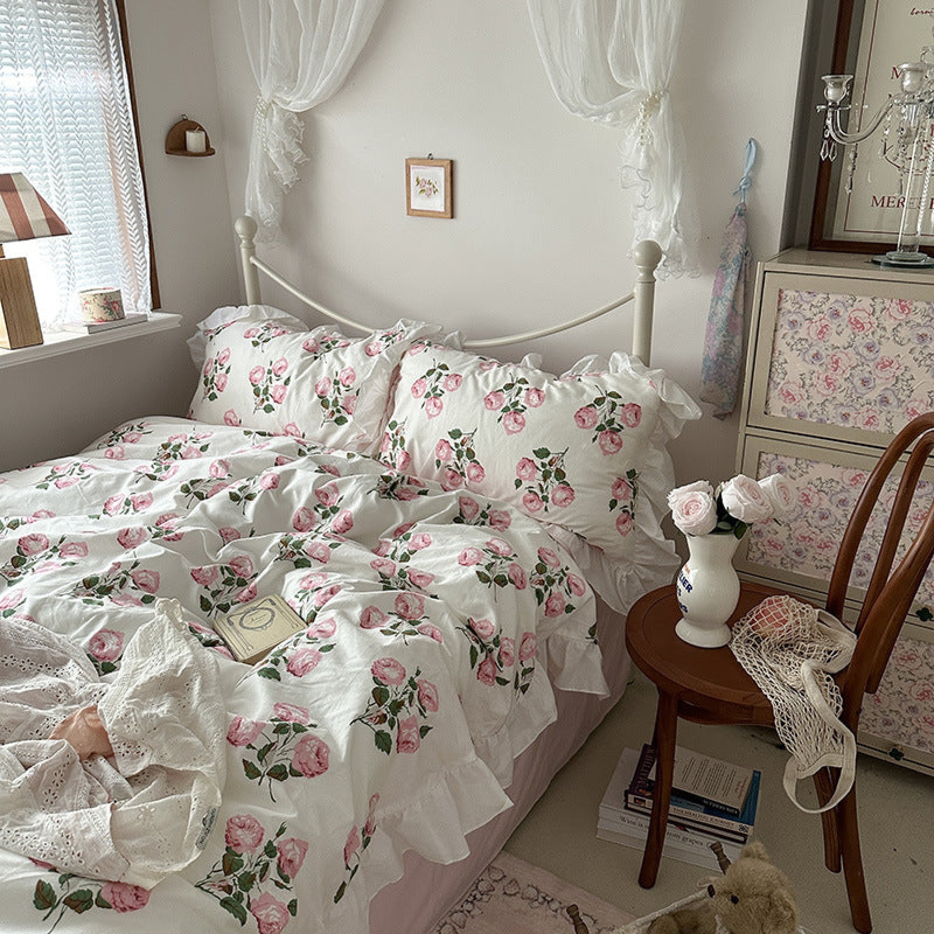 French Ruffle Floral Bedding Set - Green