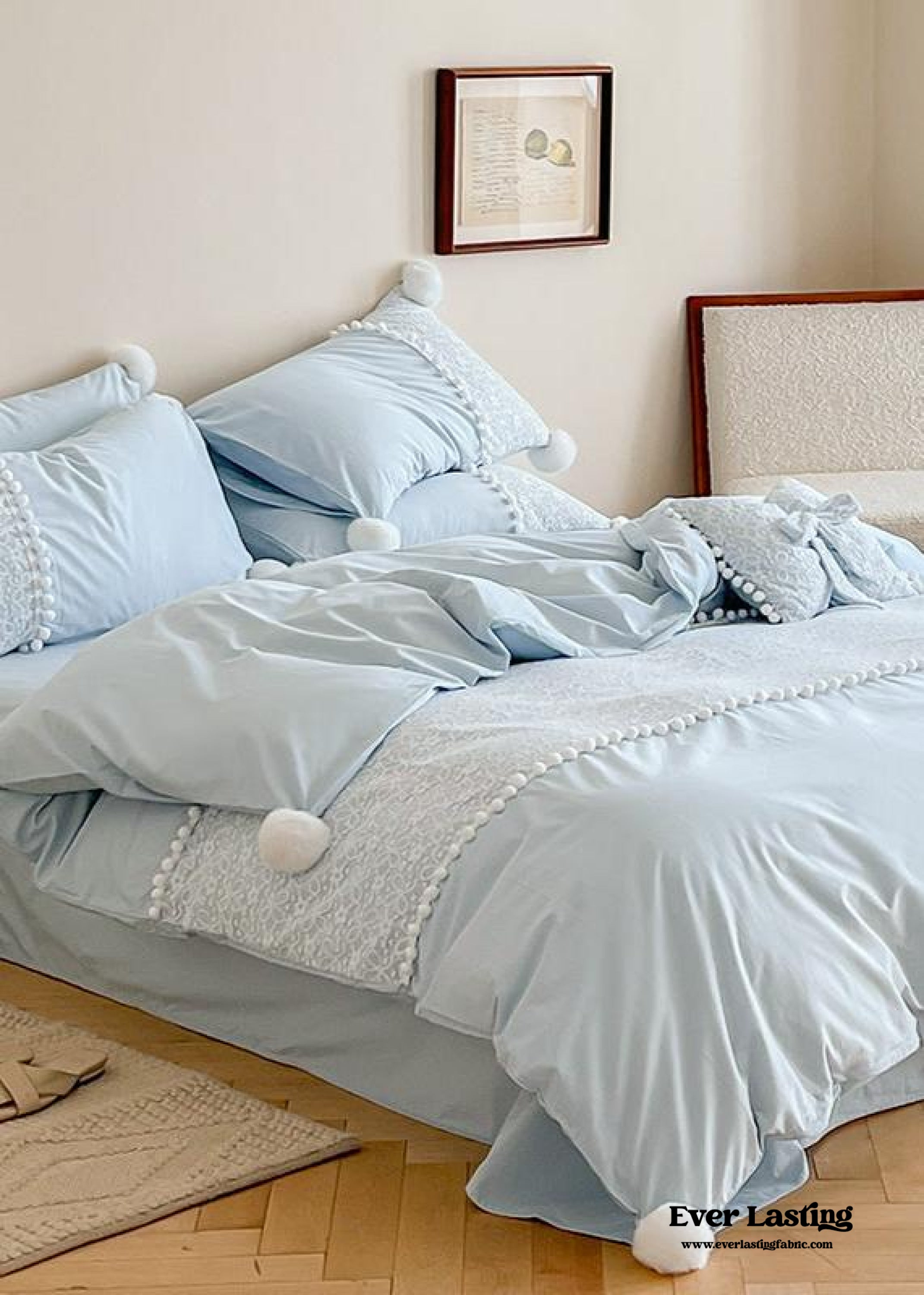 French Sweet Lace Plush Ball Bedding Set - Blue
