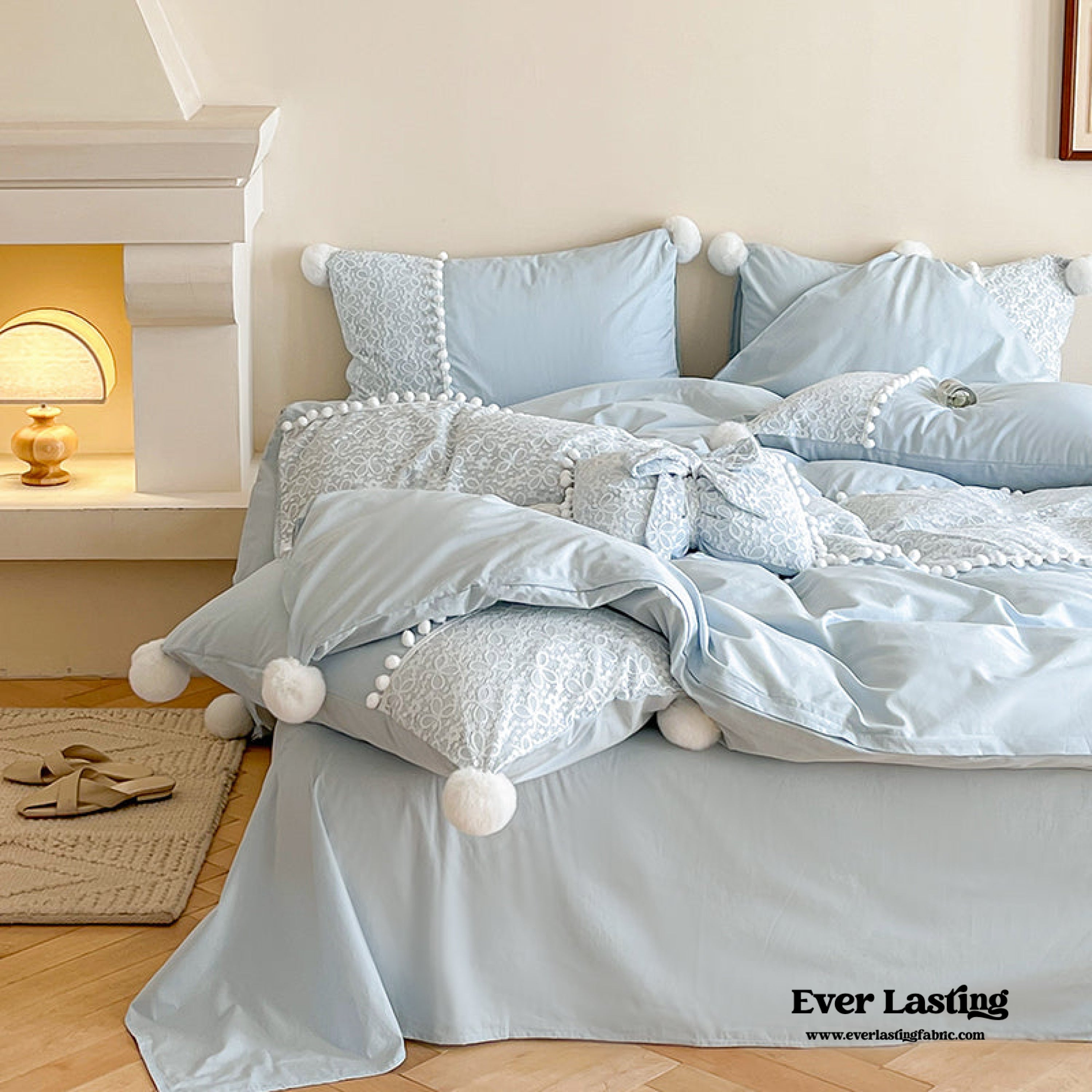 French Sweet Lace Plush Ball Bedding Set - Blue