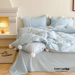 French Sweet Lace Plush Ball Bedding Set - Blue