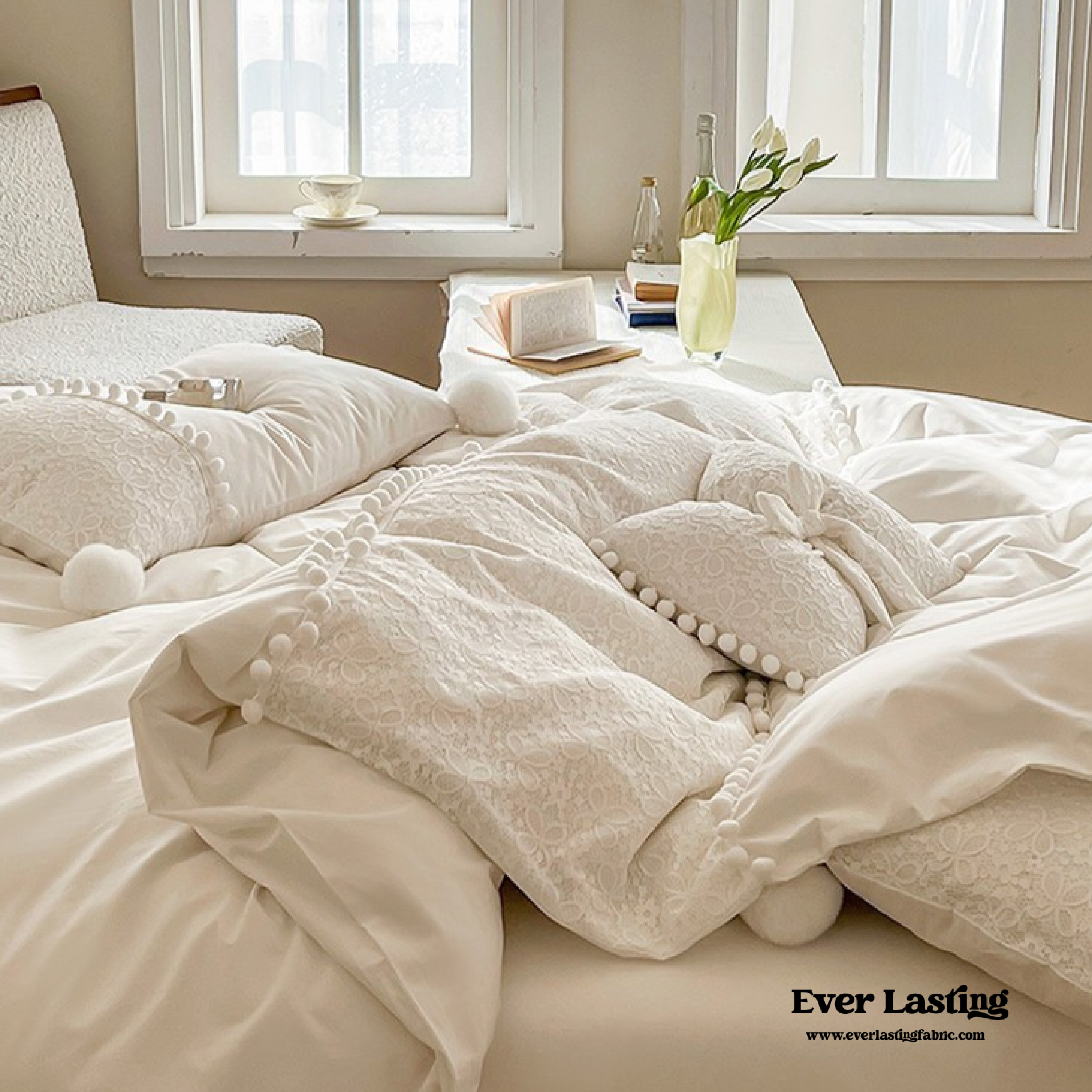 French Sweet Lace Plush Ball Bedding Set - White