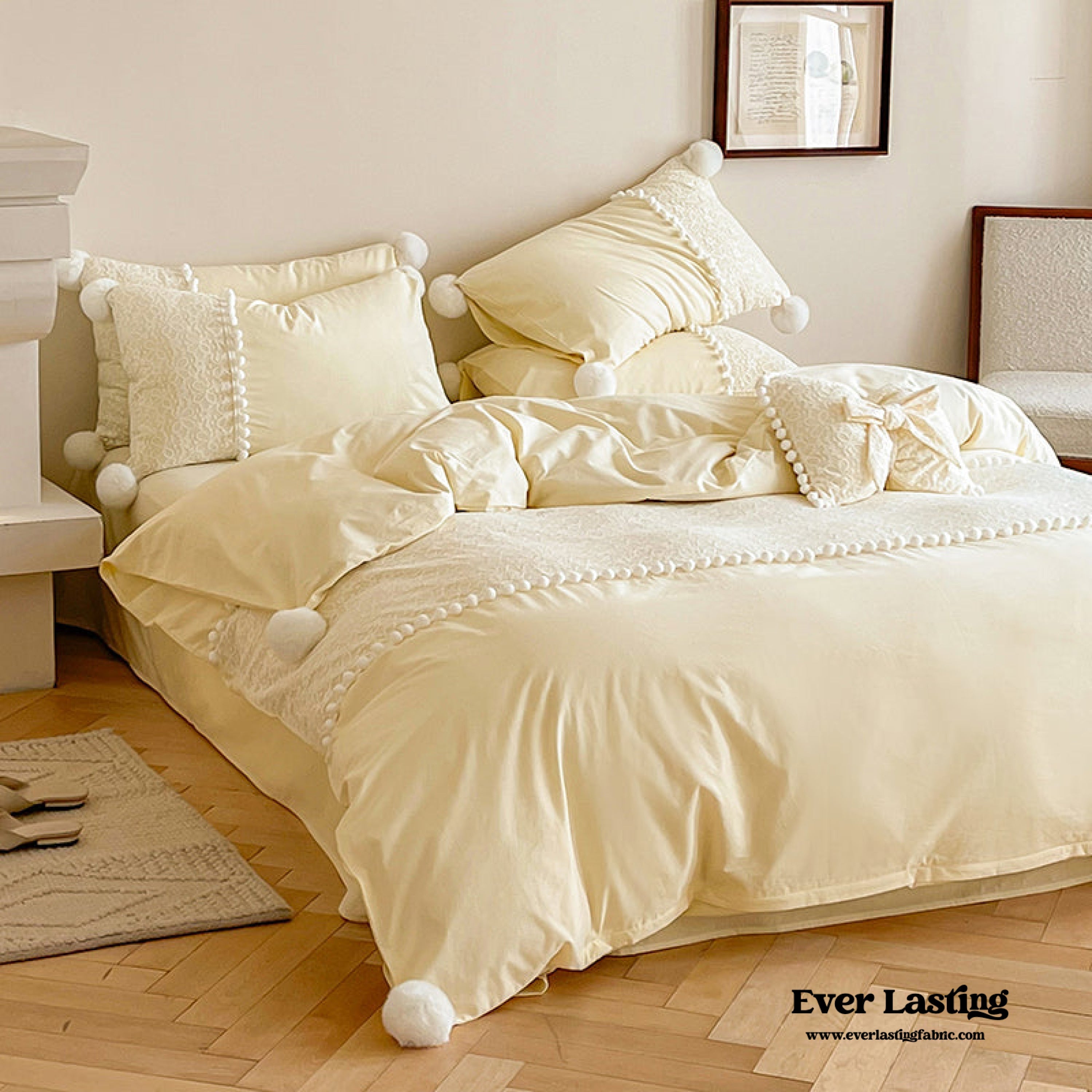 French Sweet Lace Plush Ball Bedding Set - Yellow