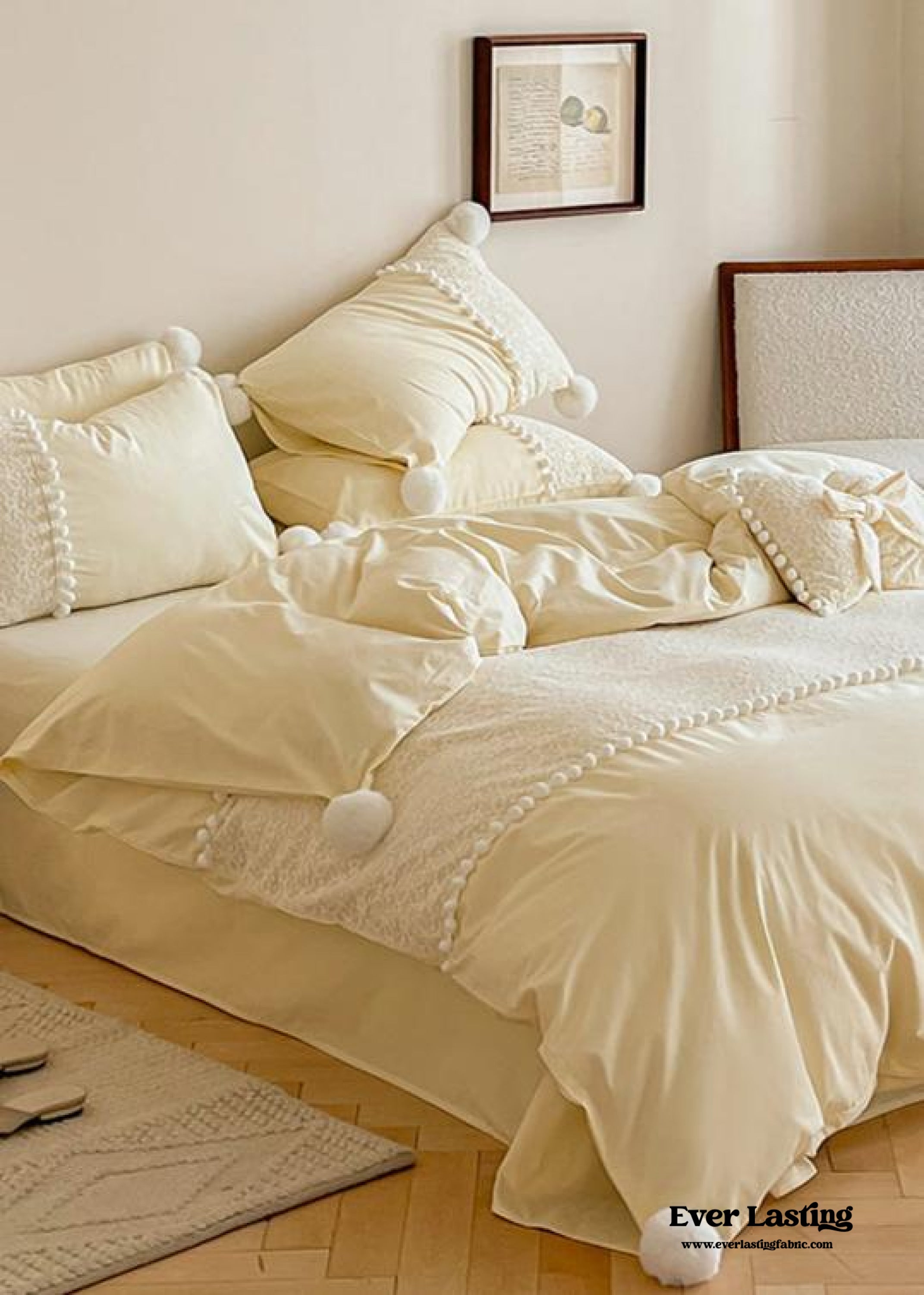French Sweet Lace Plush Ball Bedding Set - Yellow