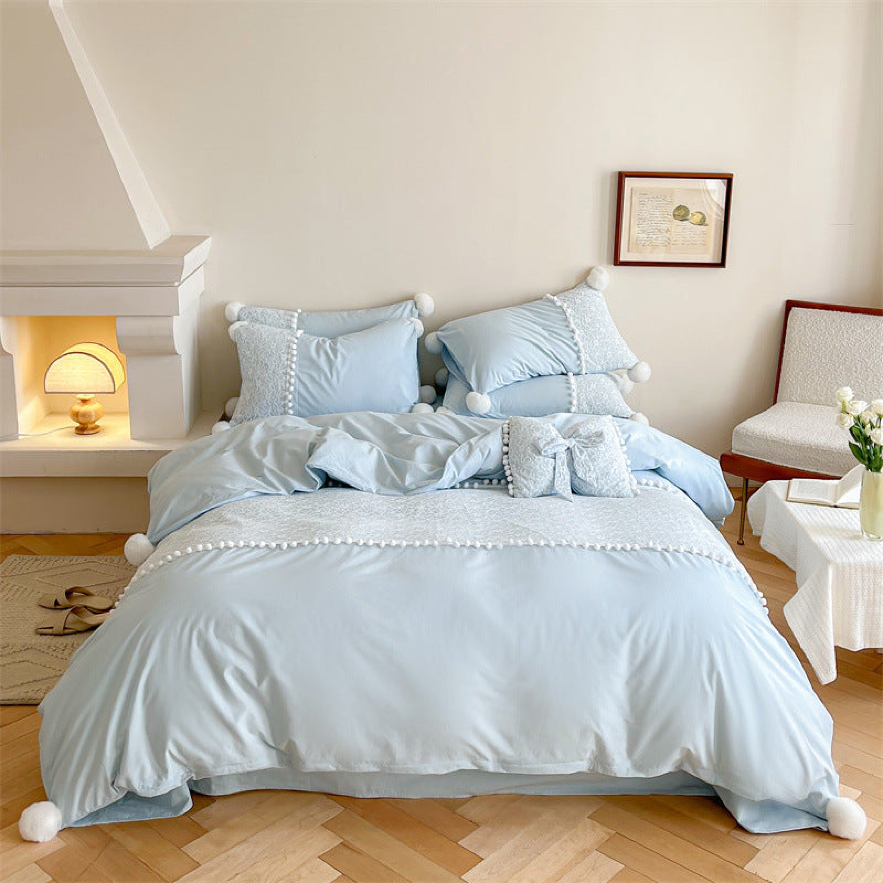 French Sweet Lace Plush Ball Bedding Set - Yellow