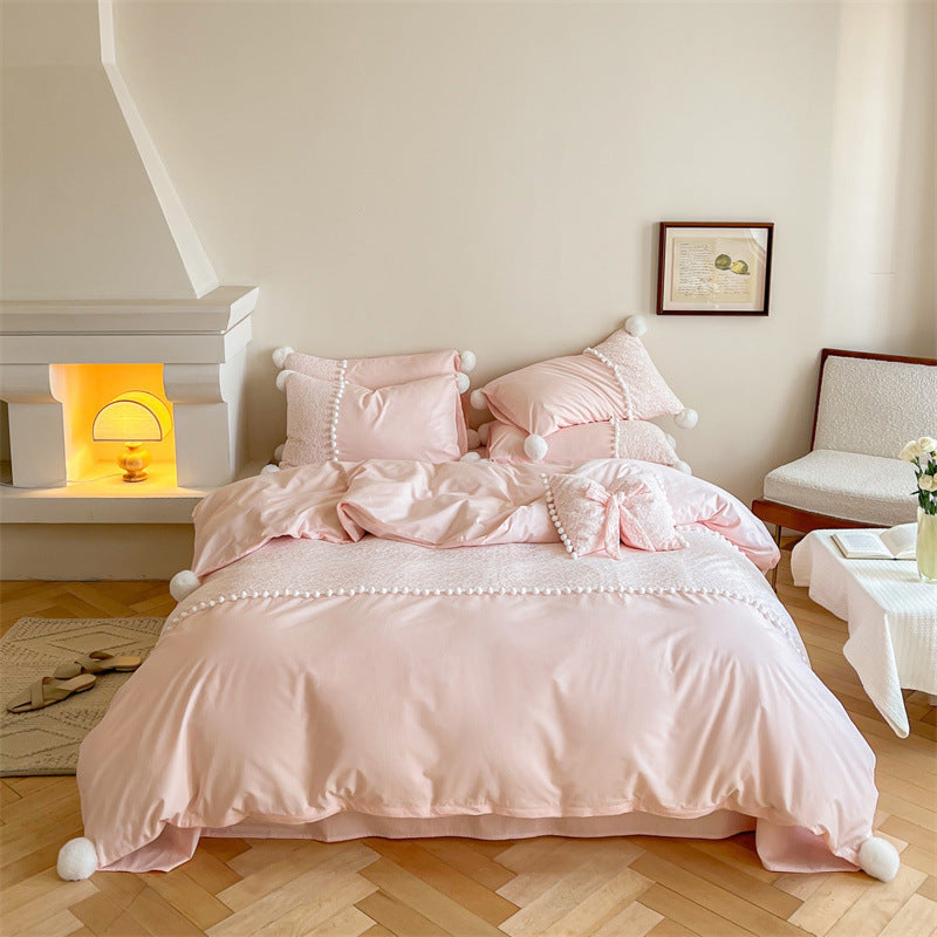 French Sweet Lace Plush Ball Bedding Set - Yellow