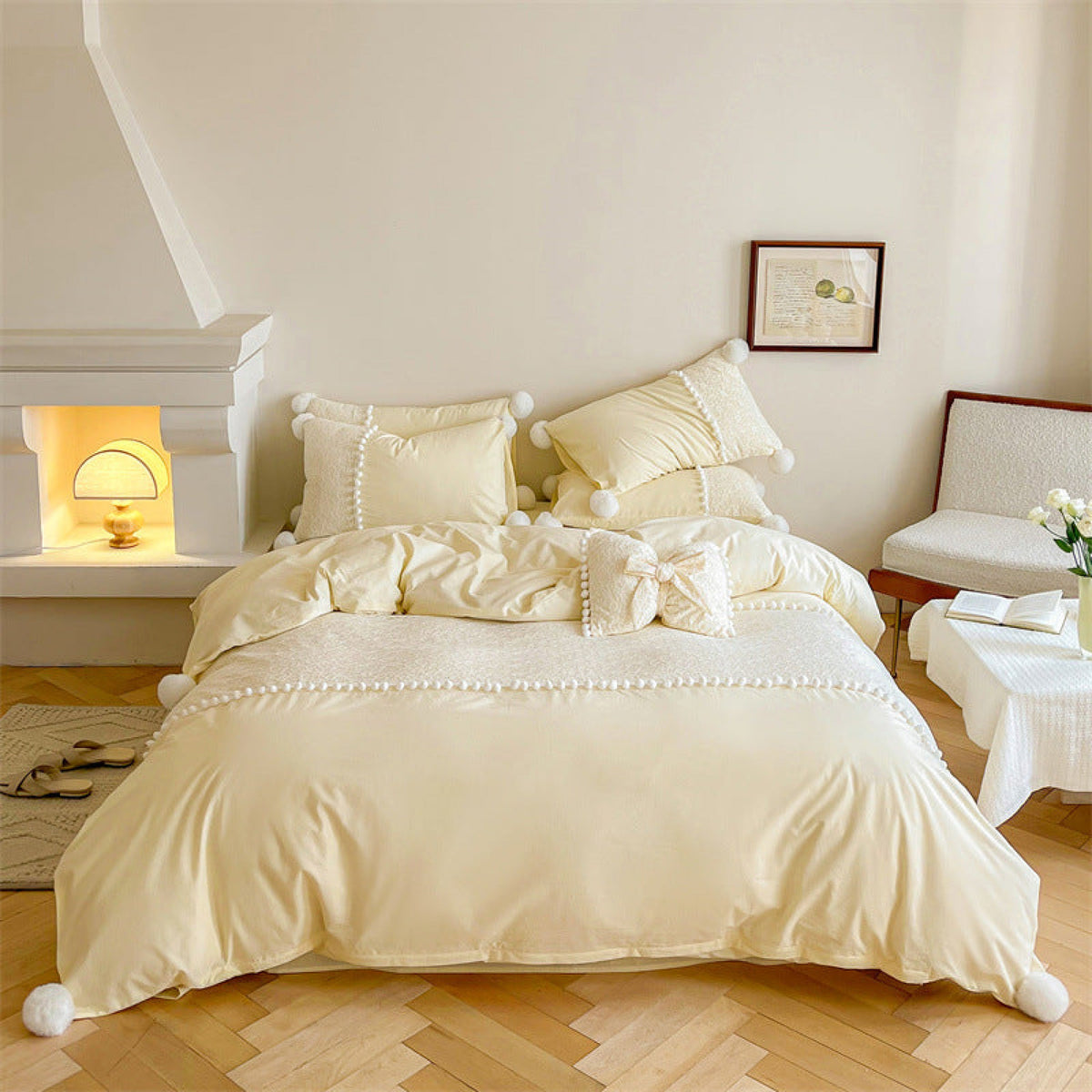 French Sweet Lace Plush Ball Bedding Set - Yellow