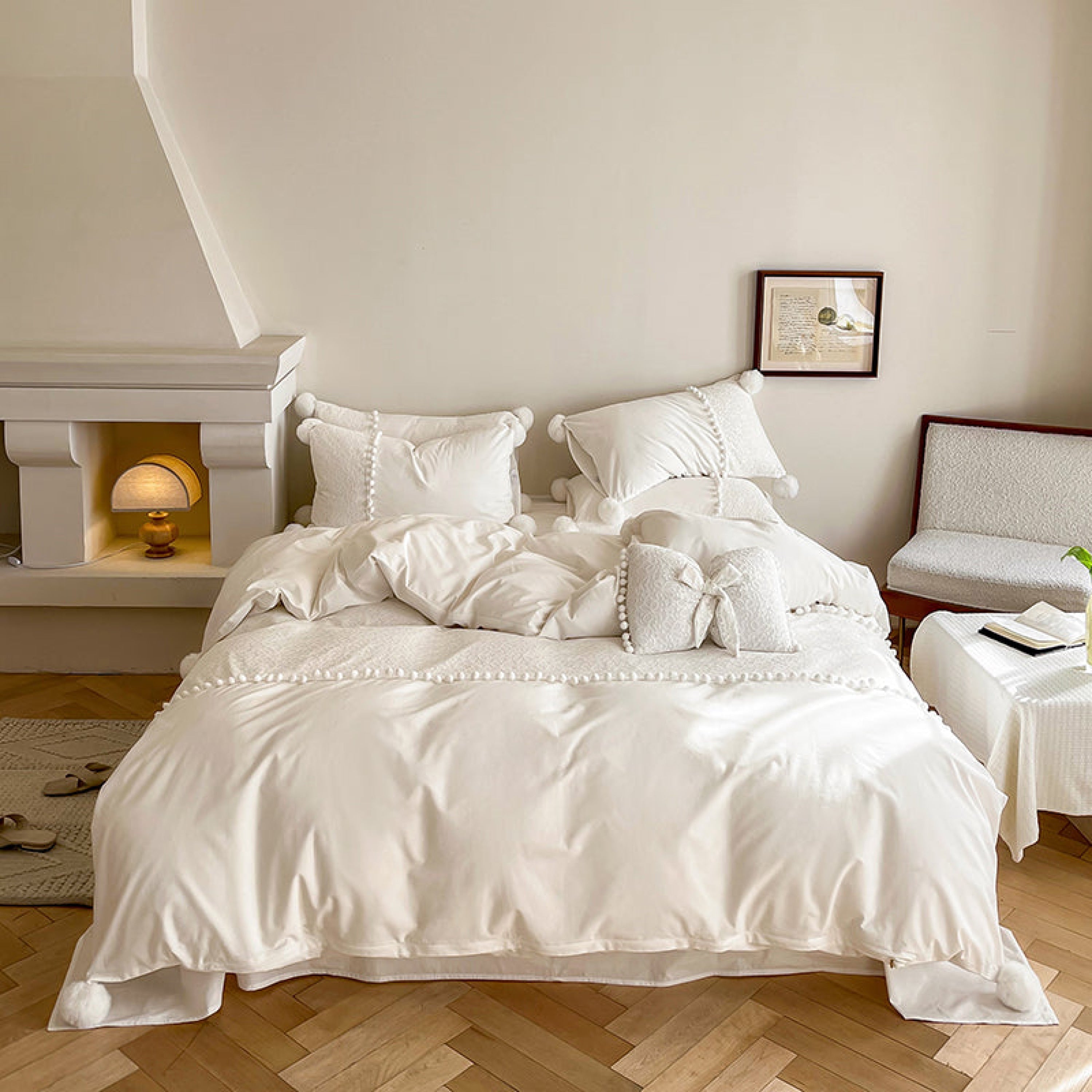 French Sweet Lace Plush Ball Bedding Set - Yellow