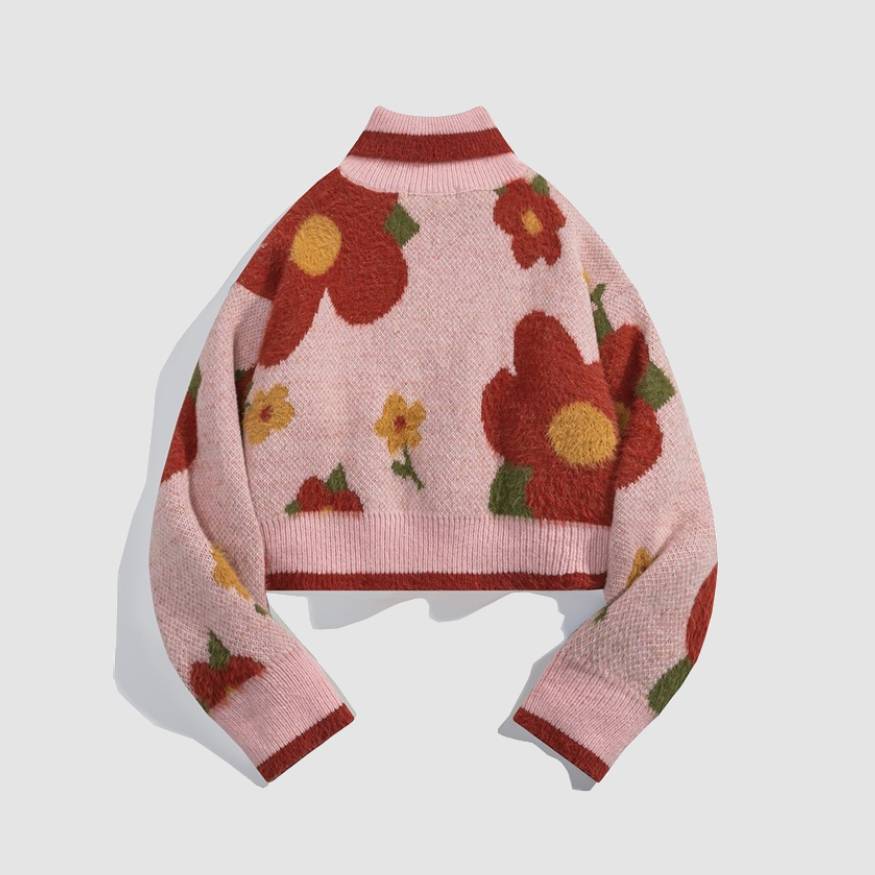 Flower Pattern Turtleneck Cropped Sweater