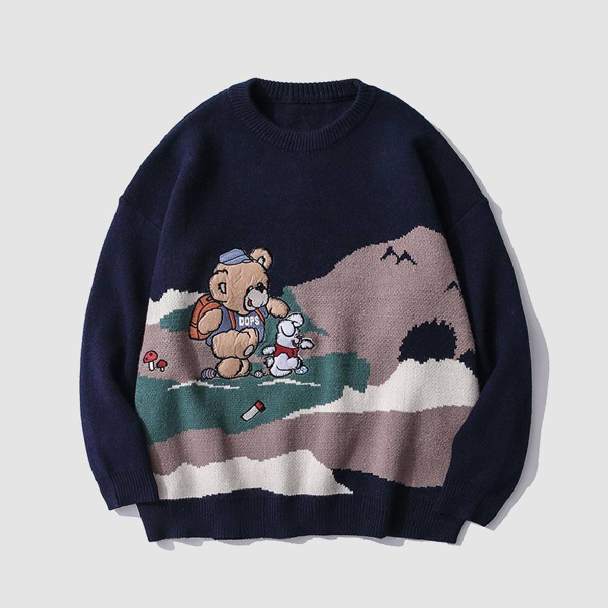 Bear & Rabbit Pattern Patchwork Sweater