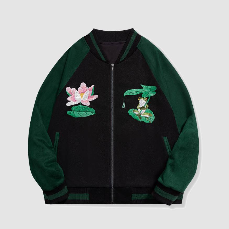 Chaqueta bordada con estampado de loto y rana