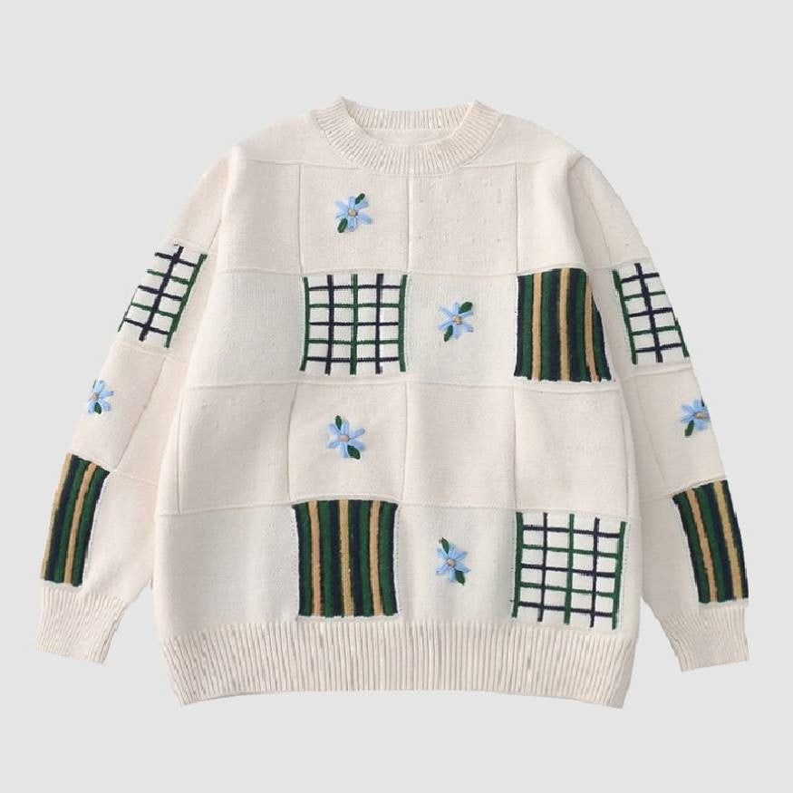 Flower Embroidered Check Jacquard Sweater