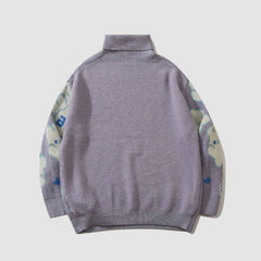 Letters & Rabbit Pattern Turtleneck Sweater