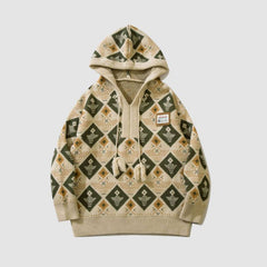 Argyle Pattern Drawstring Hooded Sweater