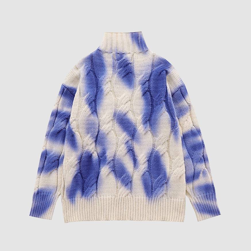 Turtleneck Tie-Dye Print Cable Knit Sweater