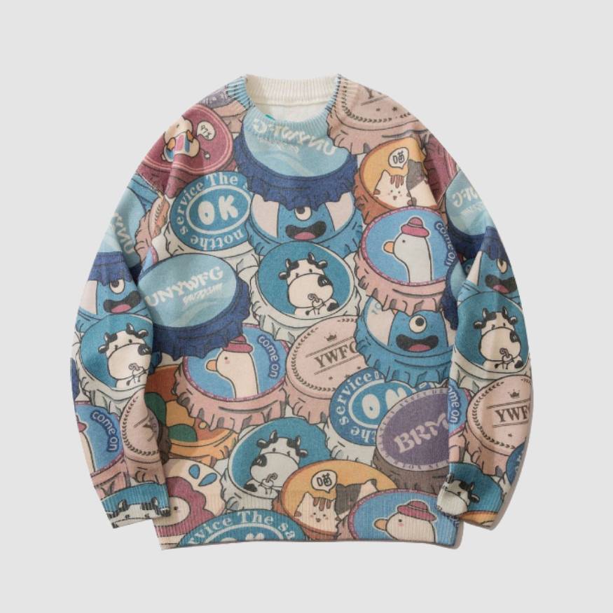 Pullover mit Cartoon-Flaschendeckel-Muster